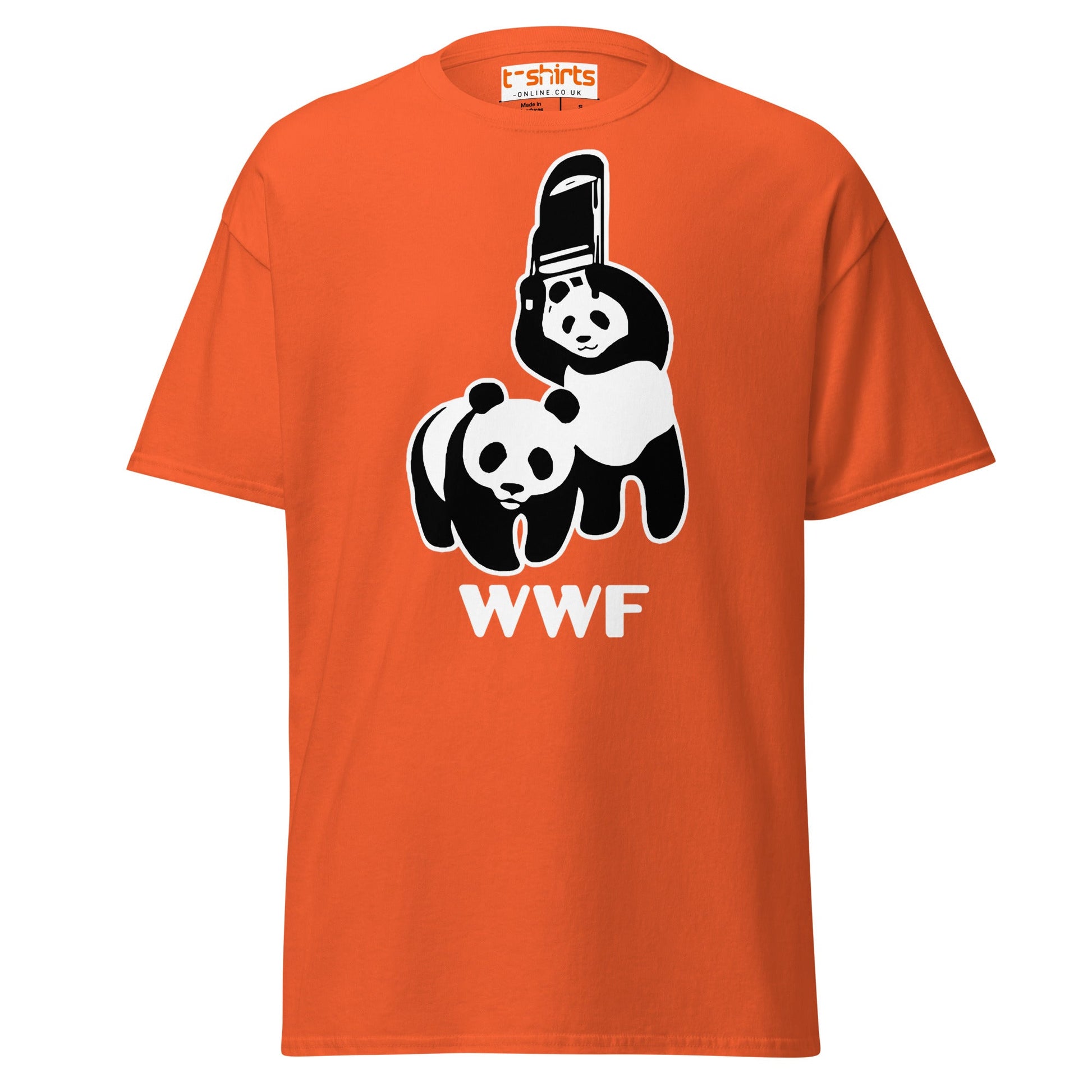 WWF Panda Chainsaw T-Shirt | Dark Humor Parody Tee - Orange - T-Shirts Online