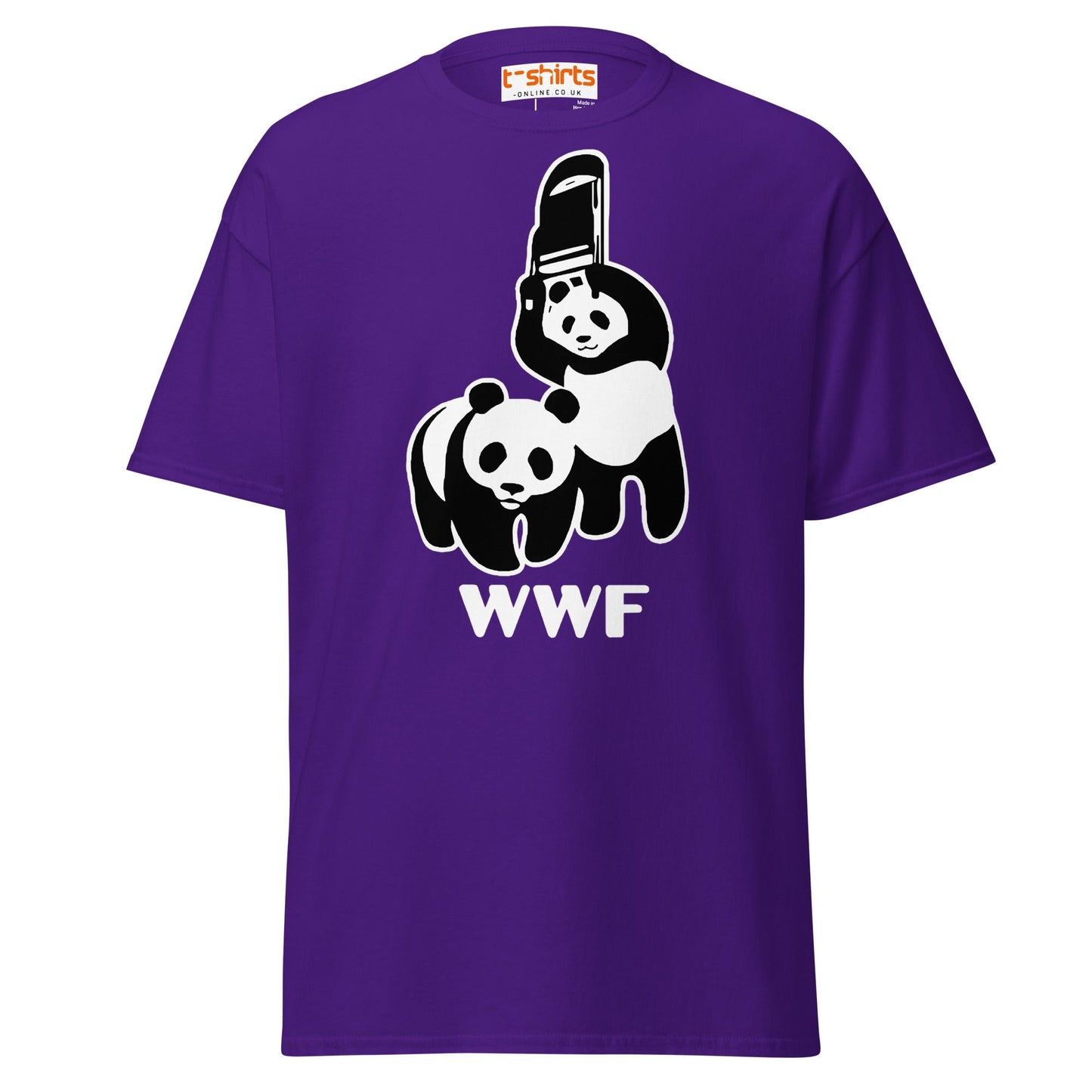 WWF Panda Chainsaw T-Shirt | Dark Humor Parody Tee - Purple - T-Shirts Online