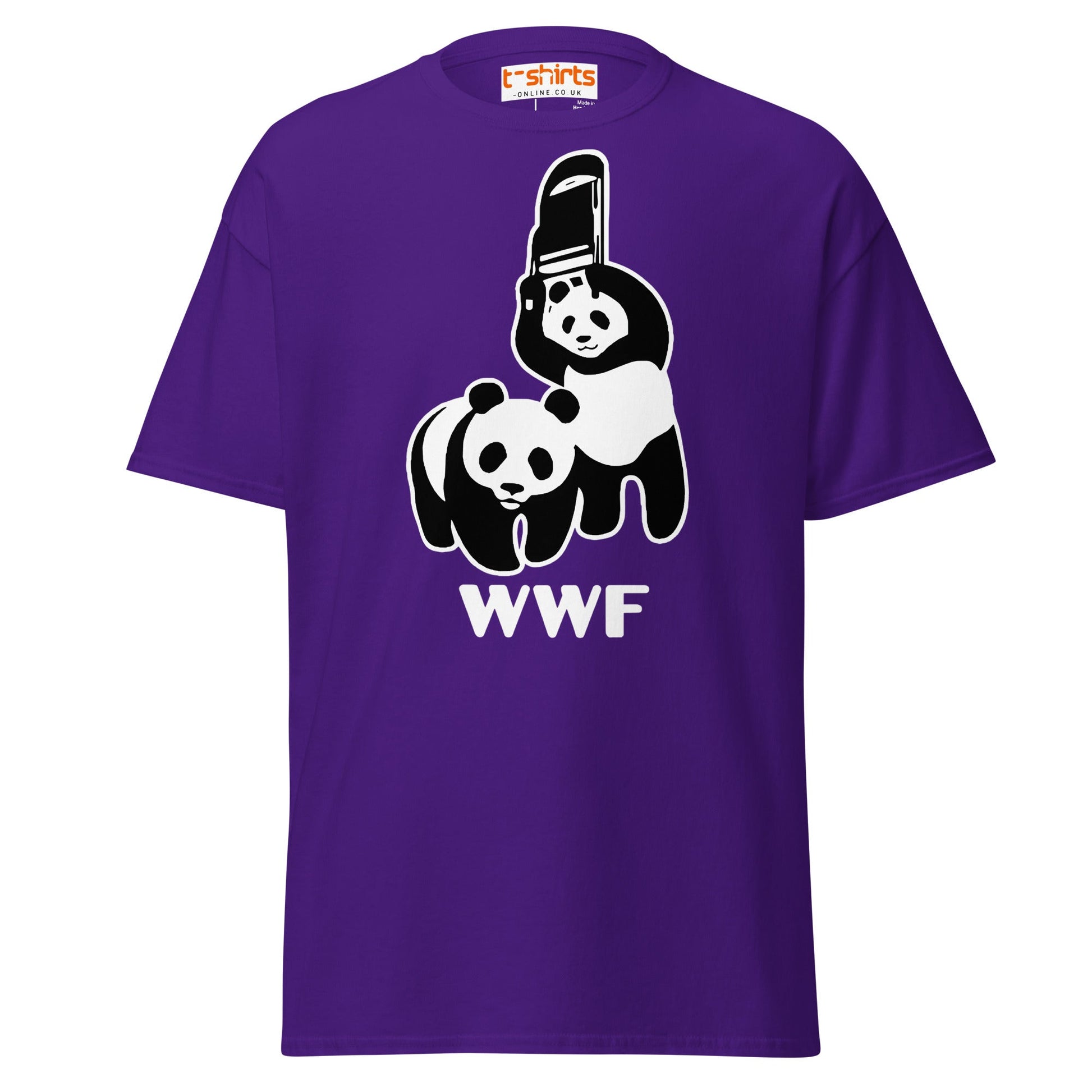 WWF Panda Chainsaw T-Shirt | Dark Humor Parody Tee - Purple - T-Shirts Online