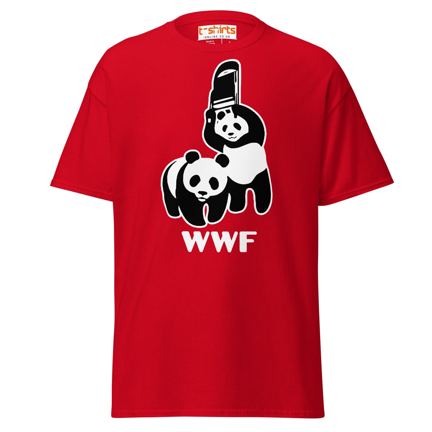 WWF Panda Chainsaw T-Shirt | Dark Humor Parody Tee - Red - T-Shirts Online