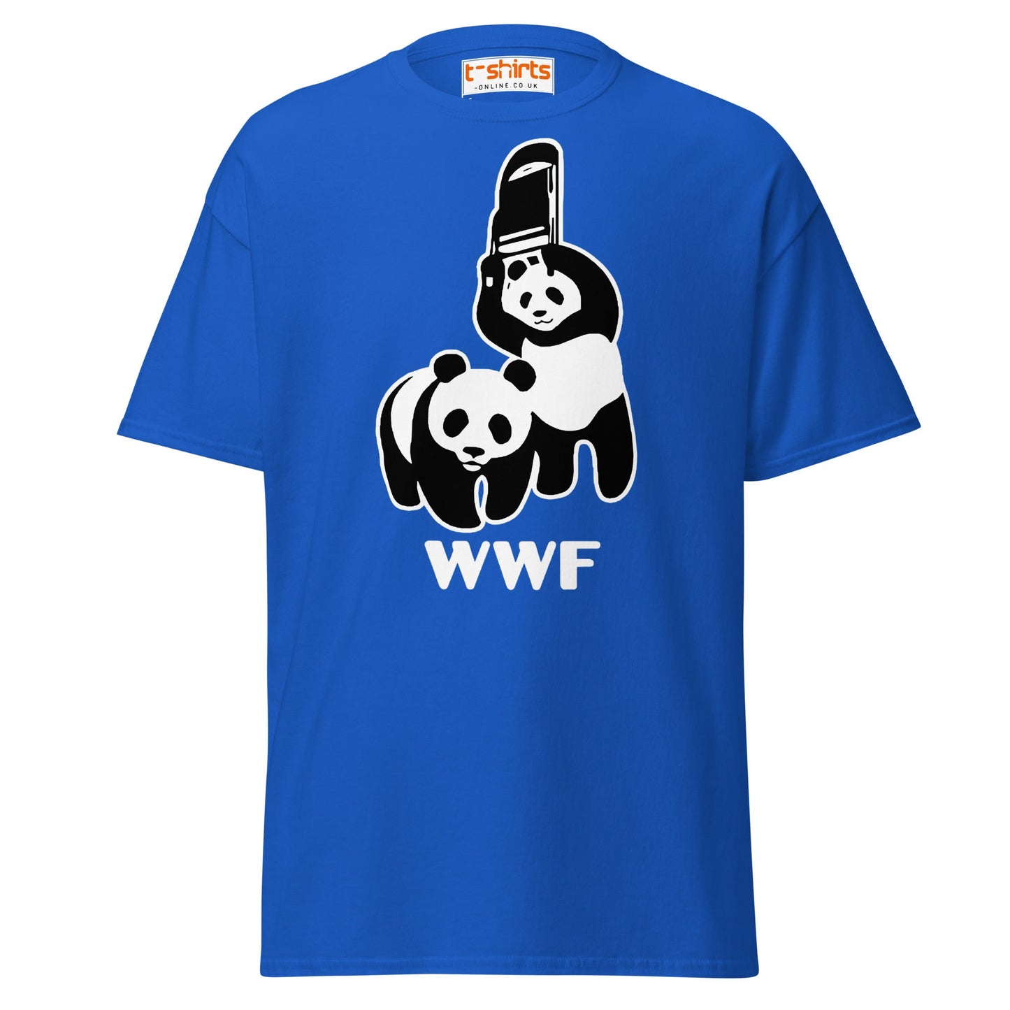 WWF Panda Chainsaw T-Shirt | Dark Humor Parody Tee - Royal - T-Shirts Online