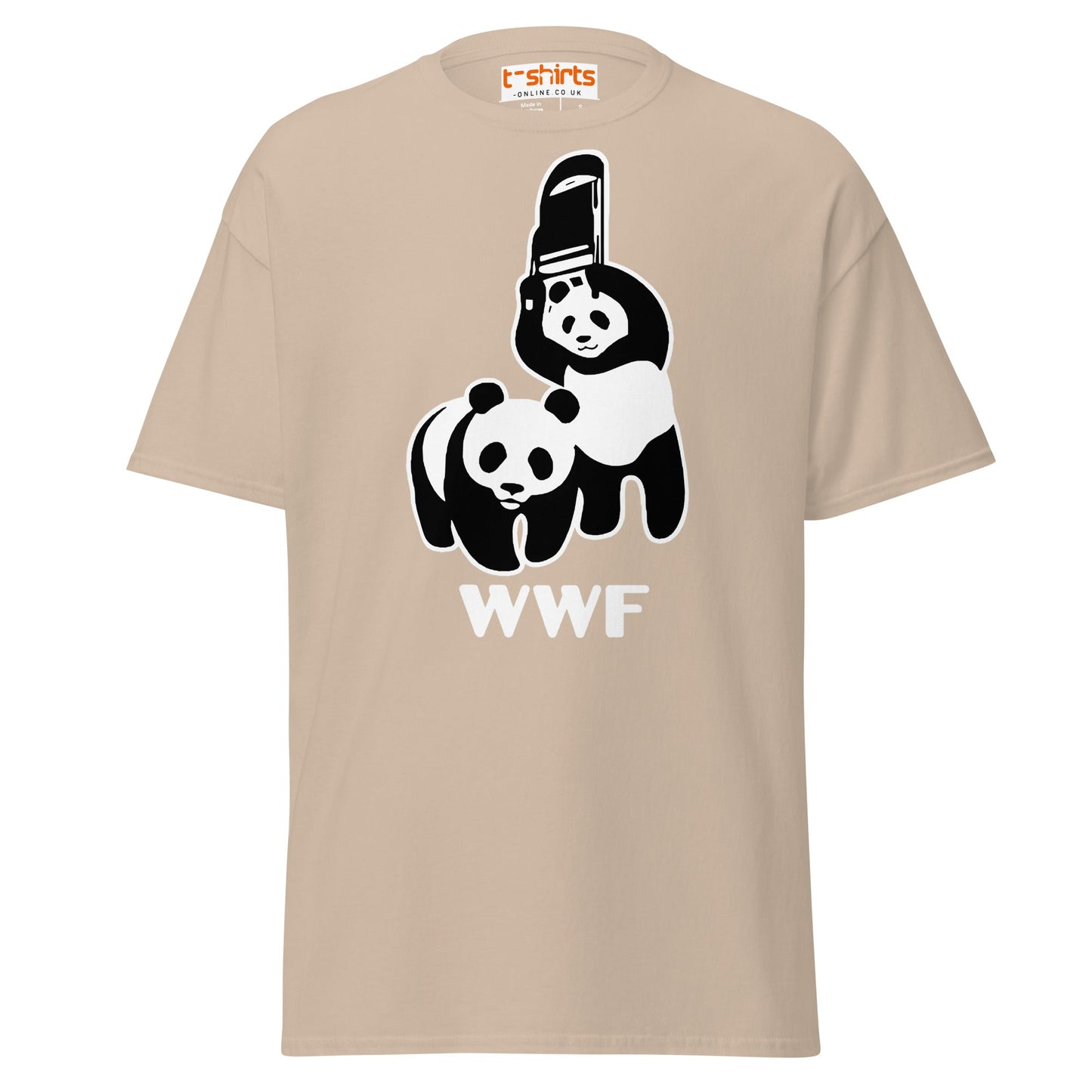 WWF Panda Chainsaw T-Shirt | Dark Humor Parody Tee - Sand - T-Shirts Online