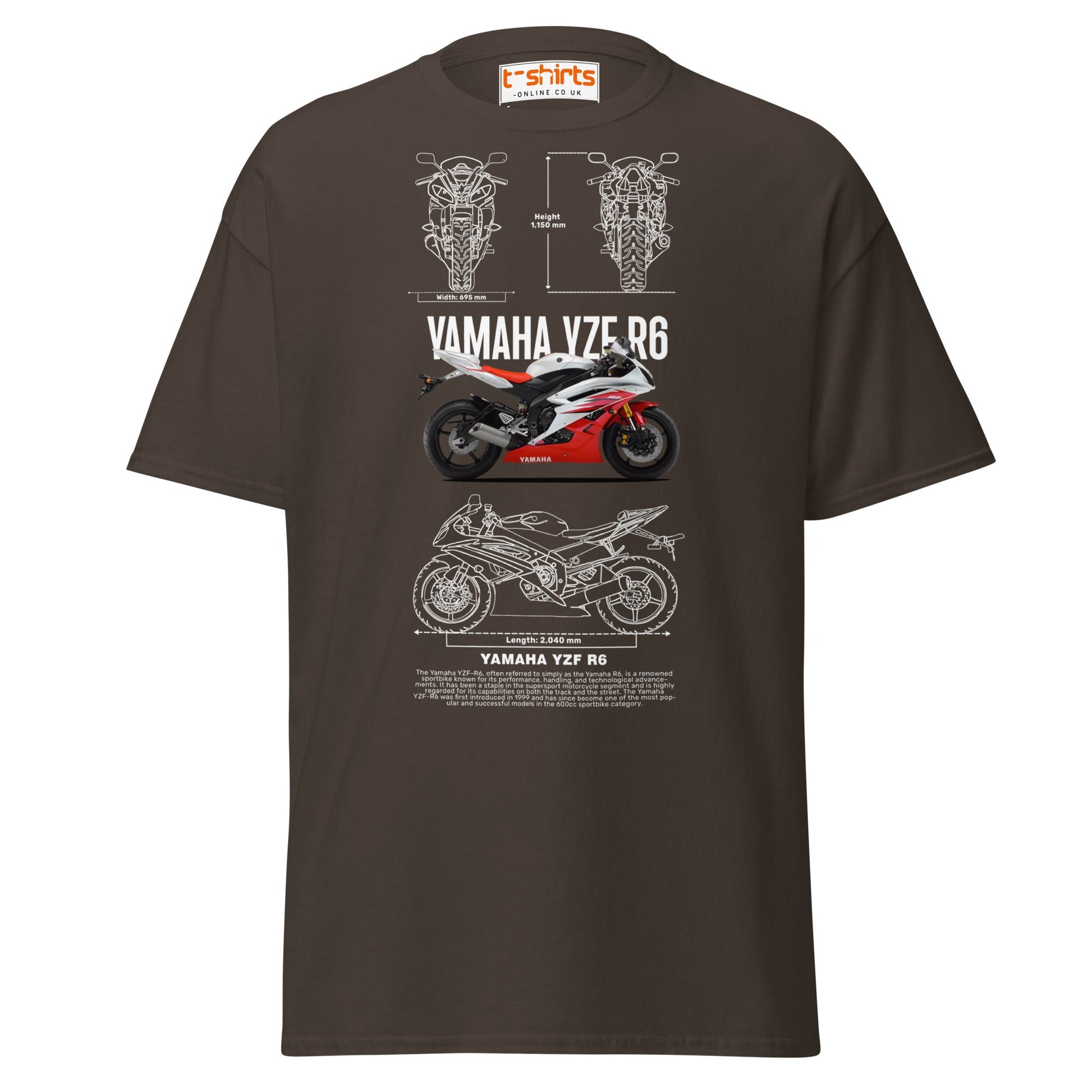 Yamaha YZF R6 T-Shirt | Sportbike Blueprint Design - Dark Chocolate - T-Shirts Online