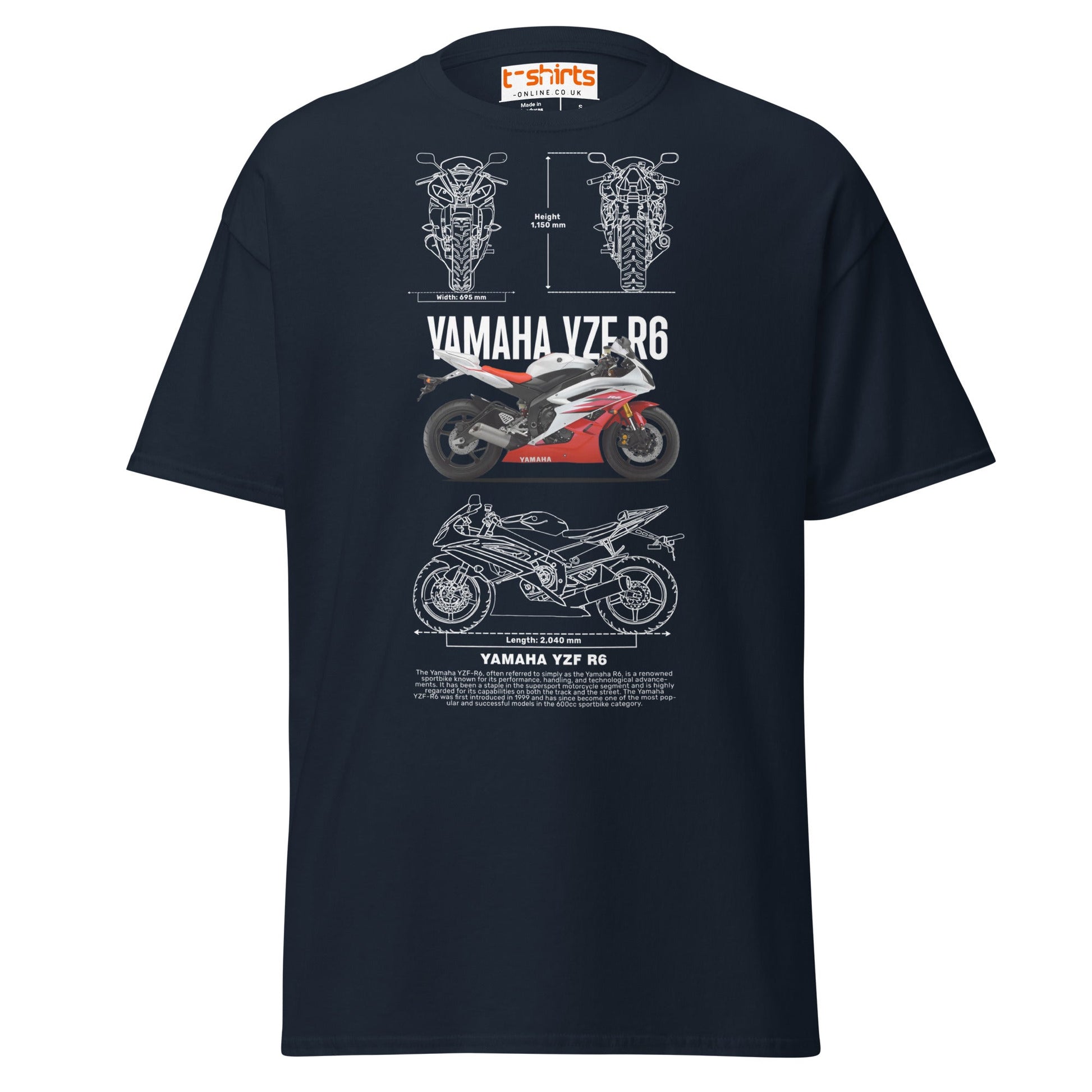 Yamaha YZF R6 T-Shirt | Sportbike Blueprint Design - Navy - T-Shirts Online