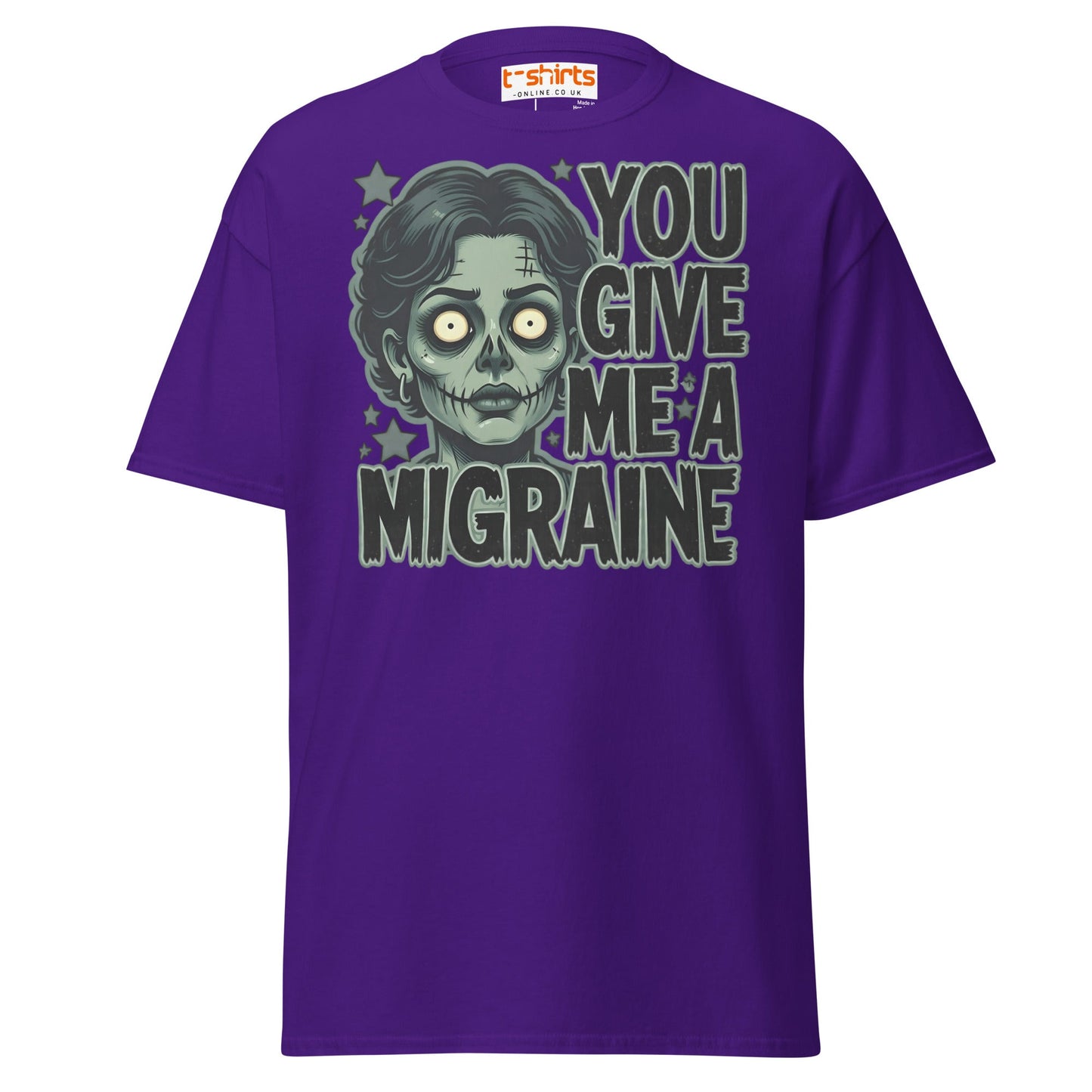 You Give Me A Migraine T-Shirt - Funny Zombie Graphic Tee - Purple - T-Shirts Online