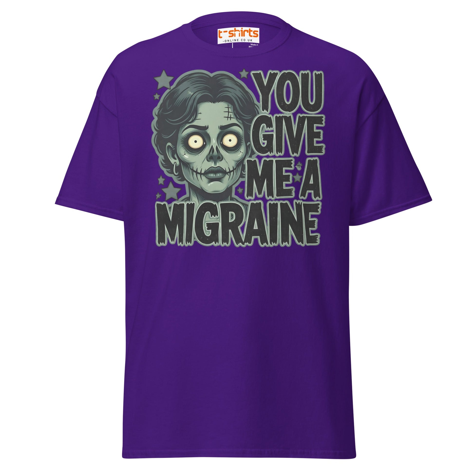 You Give Me A Migraine T-Shirt - Funny Zombie Graphic Tee - Purple - T-Shirts Online
