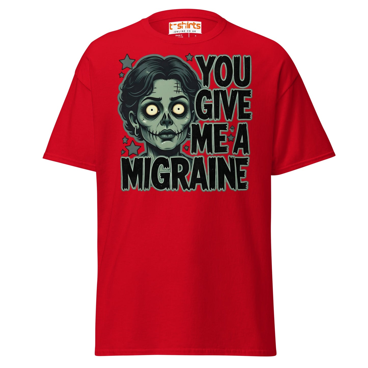 You Give Me A Migraine T-Shirt - Funny Zombie Graphic Tee - Red - T-Shirts Online