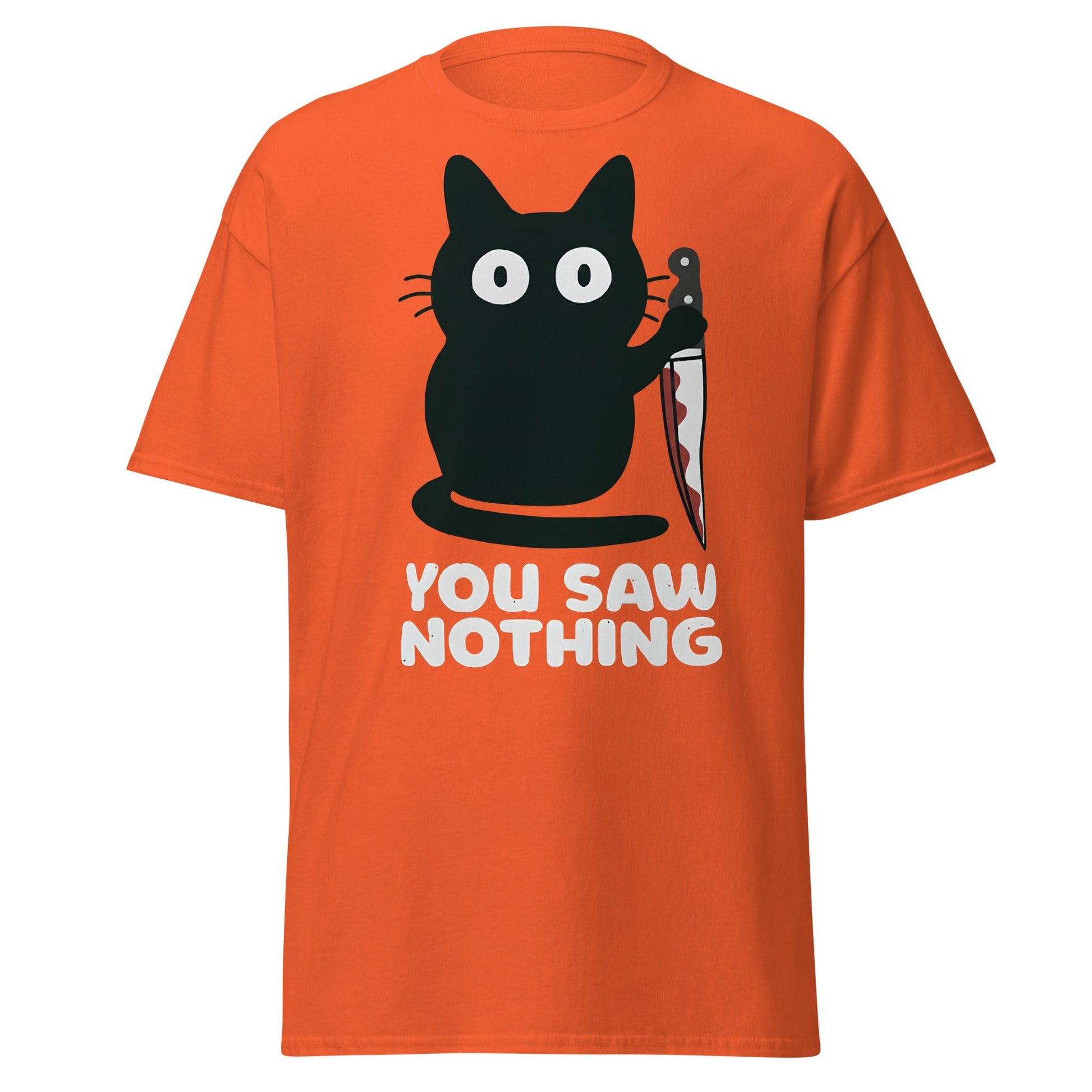 You Saw Nothing Black Cat Knife Funny Dark Humor Tee - Orange - T-Shirts Online