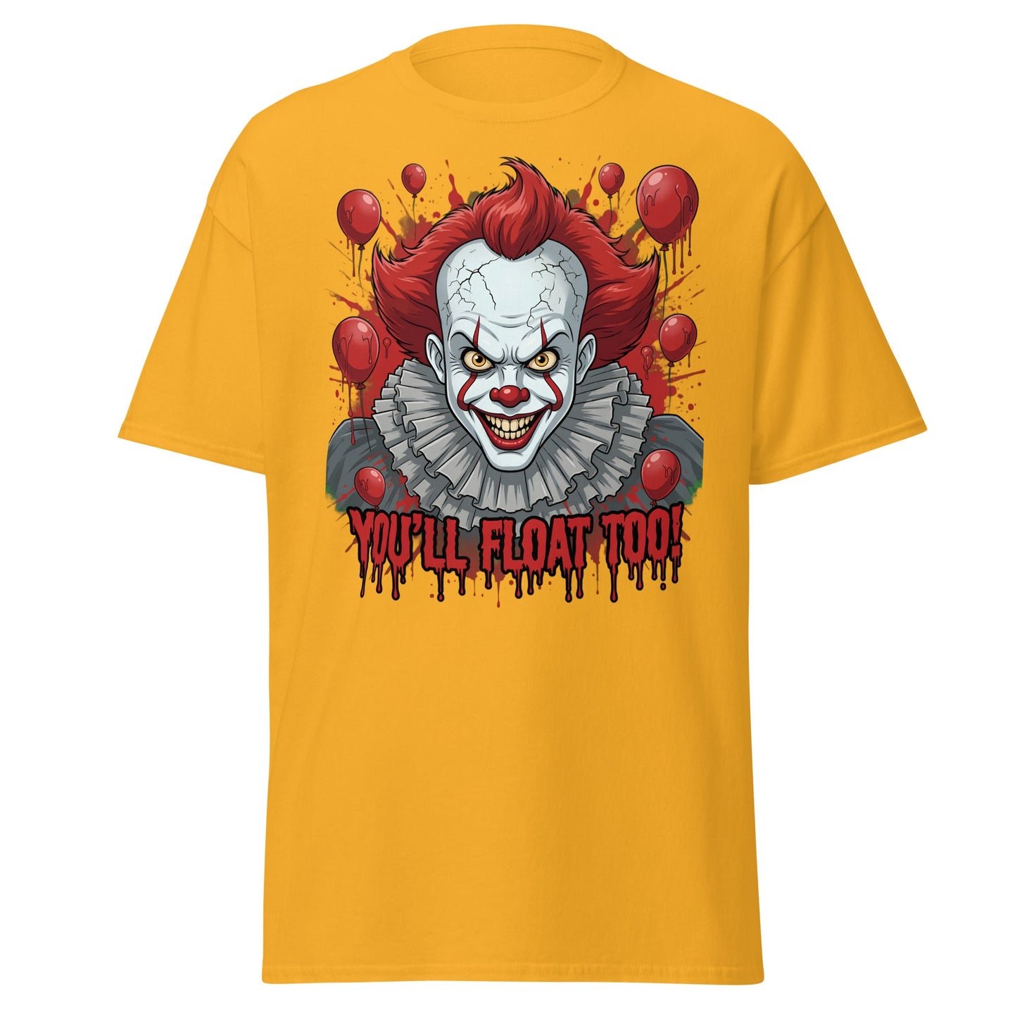 You'll Float Too Clown T-Shirt - Creepy Horror Balloon Tee - Gold - T-Shirts Online