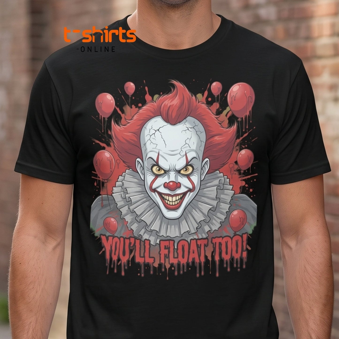 You'll Float Too Clown T-Shirt - Creepy Horror Balloon Tee - Maroon - T-Shirts Online