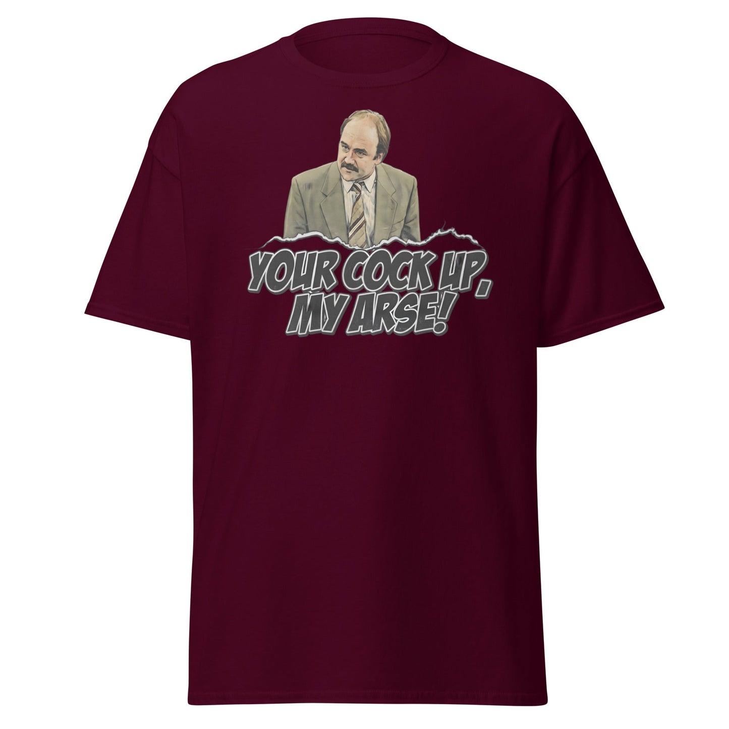 Your Cock Up My Arse T-Shirt - Inspector Grim Funny Retro Tee - Maroon - T-Shirts Online