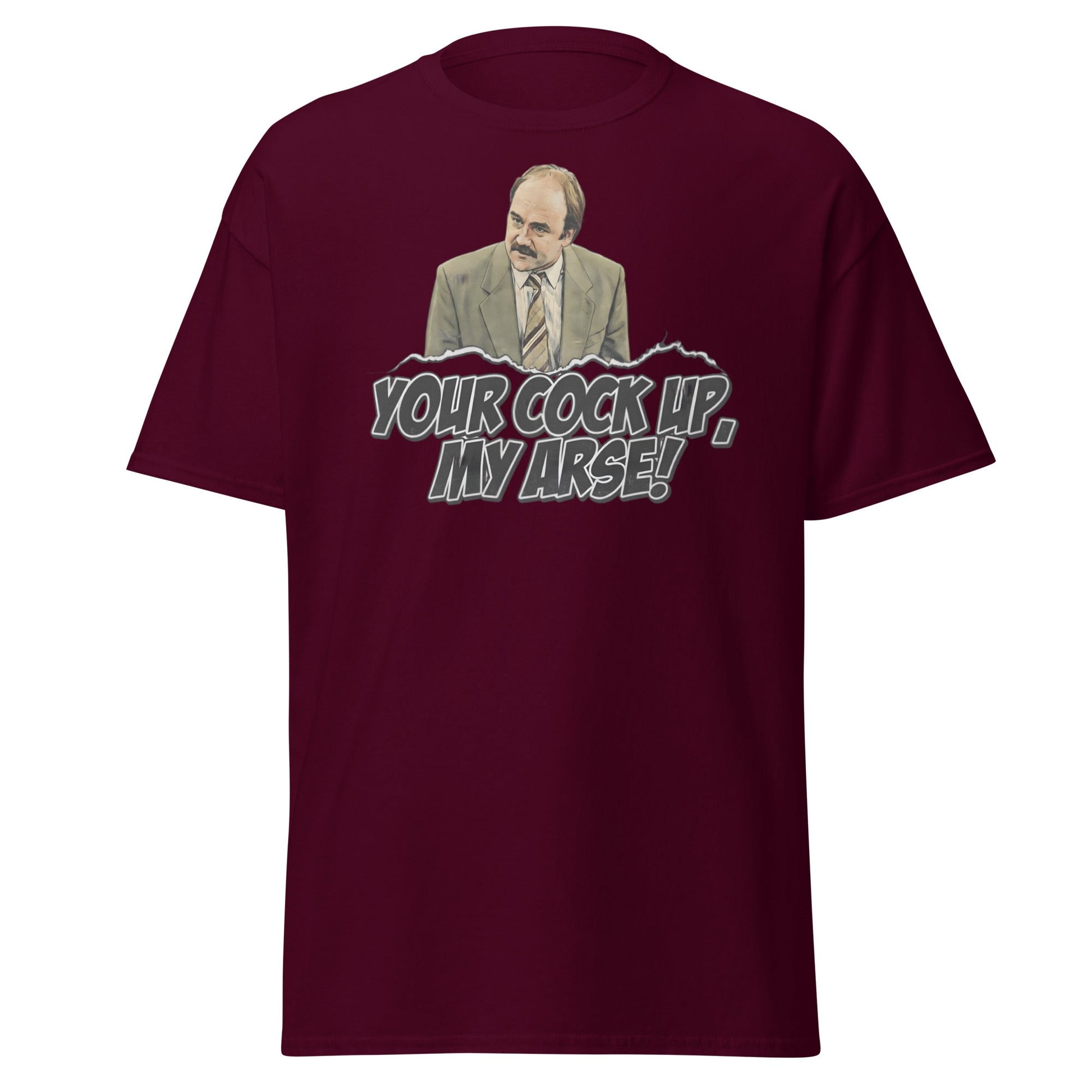Your Cock Up My Arse T-Shirt - Inspector Grim Funny Retro Tee - Maroon - T-Shirts Online