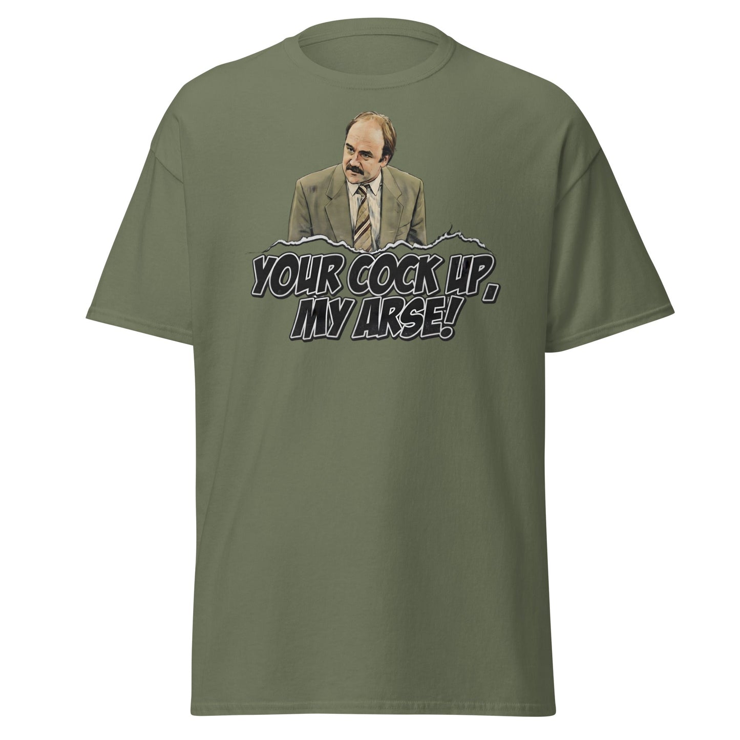 Your Cock Up My Arse T-Shirt - Inspector Grim Funny Retro Tee - Military Green - T-Shirts Online