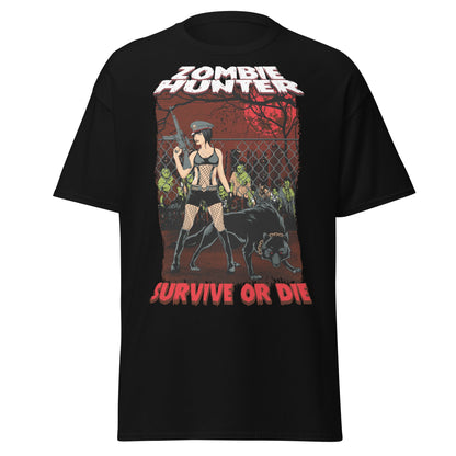 Zombie Hunter Pin - Up & Wolf T-Shirt: Survive or Die - Black - T-Shirts Online