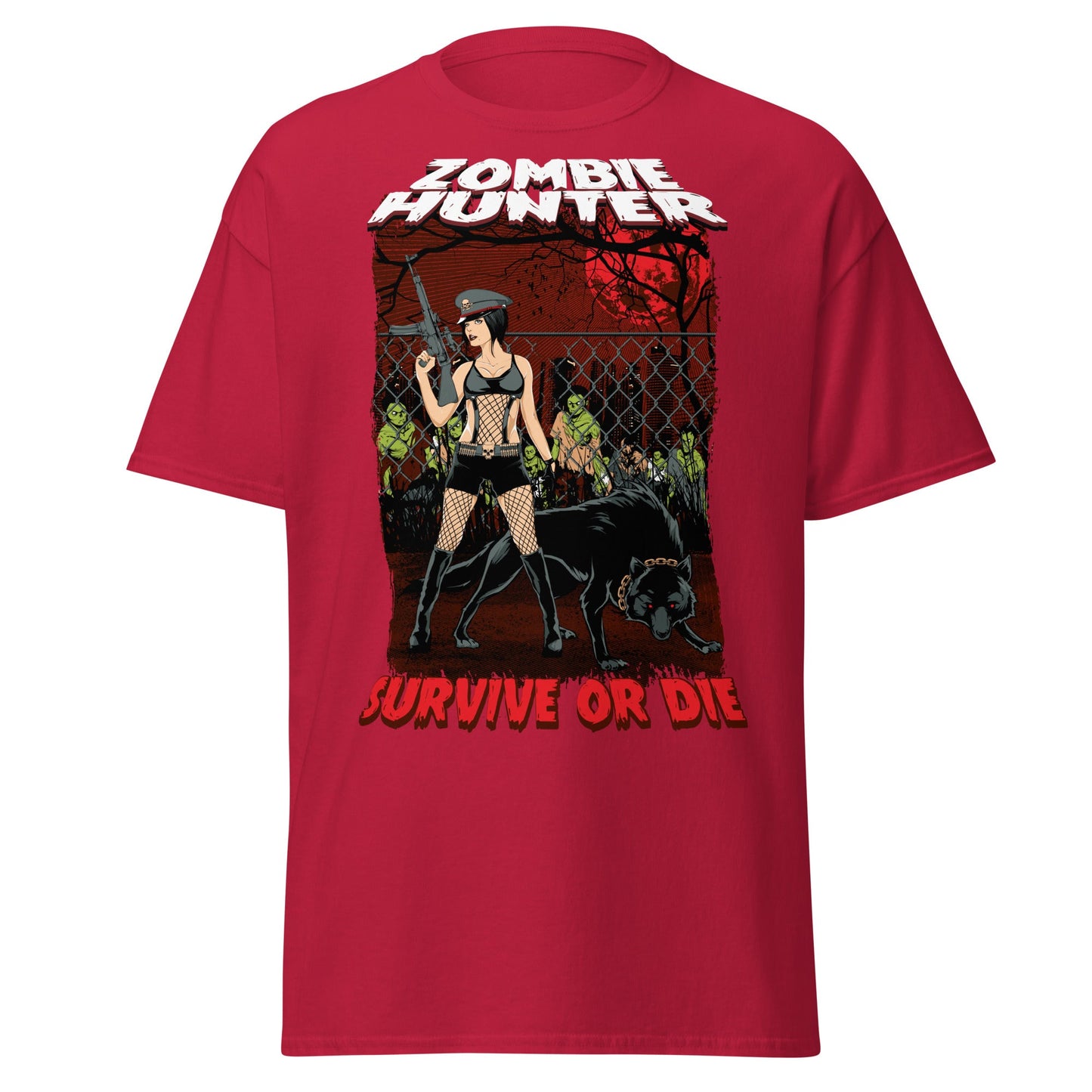 Zombie Hunter Pin - Up & Wolf T-Shirt: Survive or Die - Cardinal - T-Shirts Online