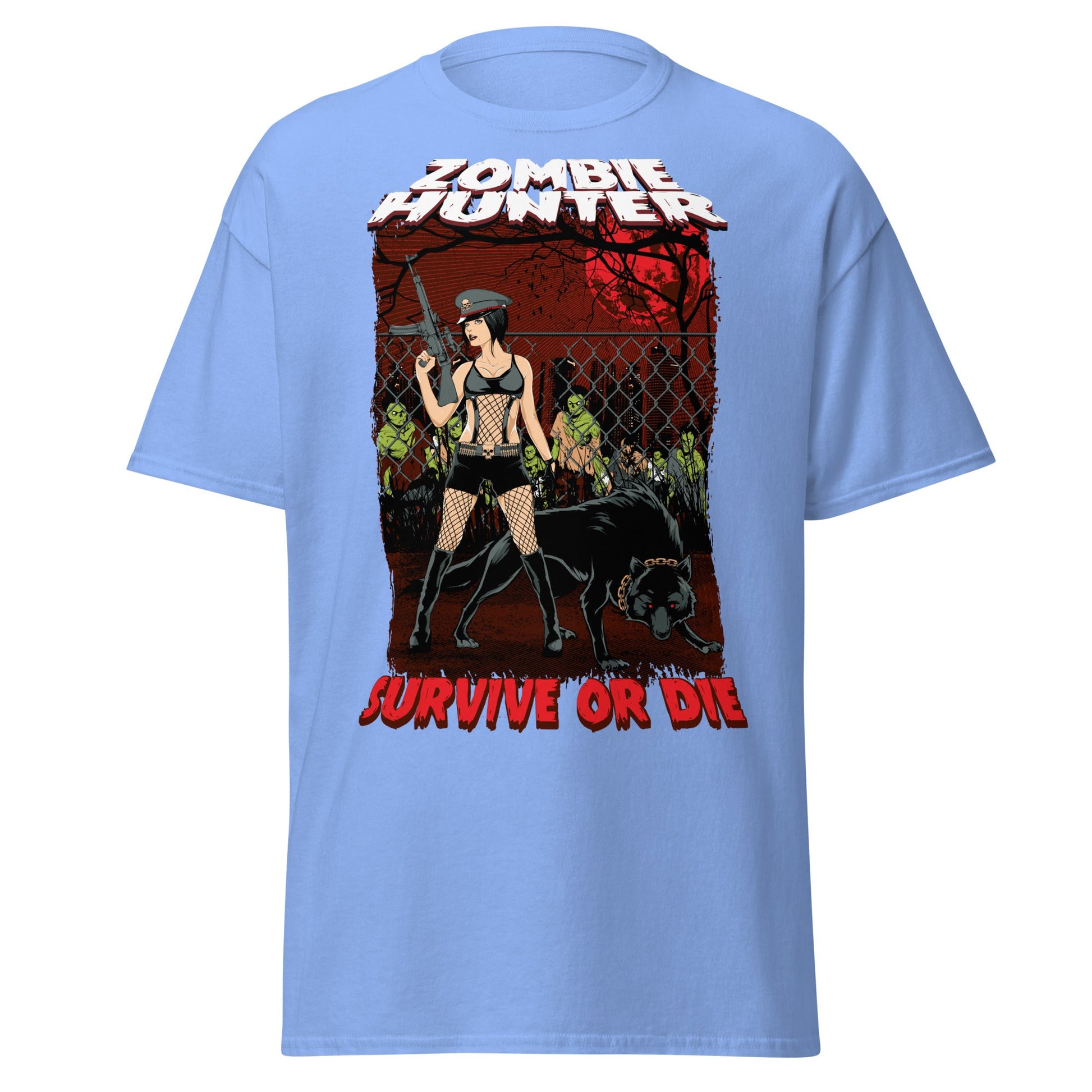 Zombie Hunter Pin - Up & Wolf T-Shirt: Survive or Die - Carolina Blue - T-Shirts Online