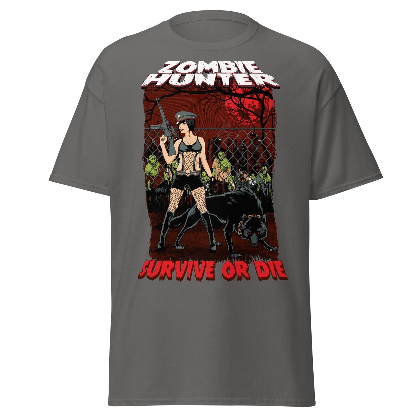 Zombie Hunter Pin - Up & Wolf T-Shirt: Survive or Die - Charcoal - T-Shirts Online