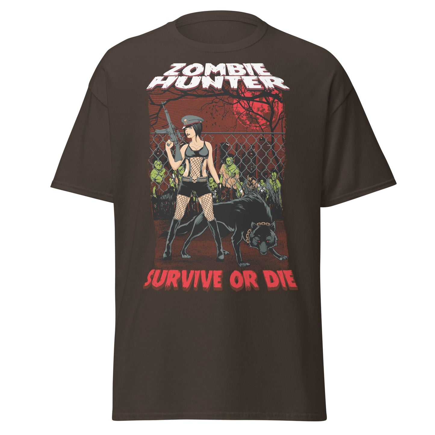 Zombie Hunter Pin - Up & Wolf T-Shirt: Survive or Die - Dark Chocolate - T-Shirts Online