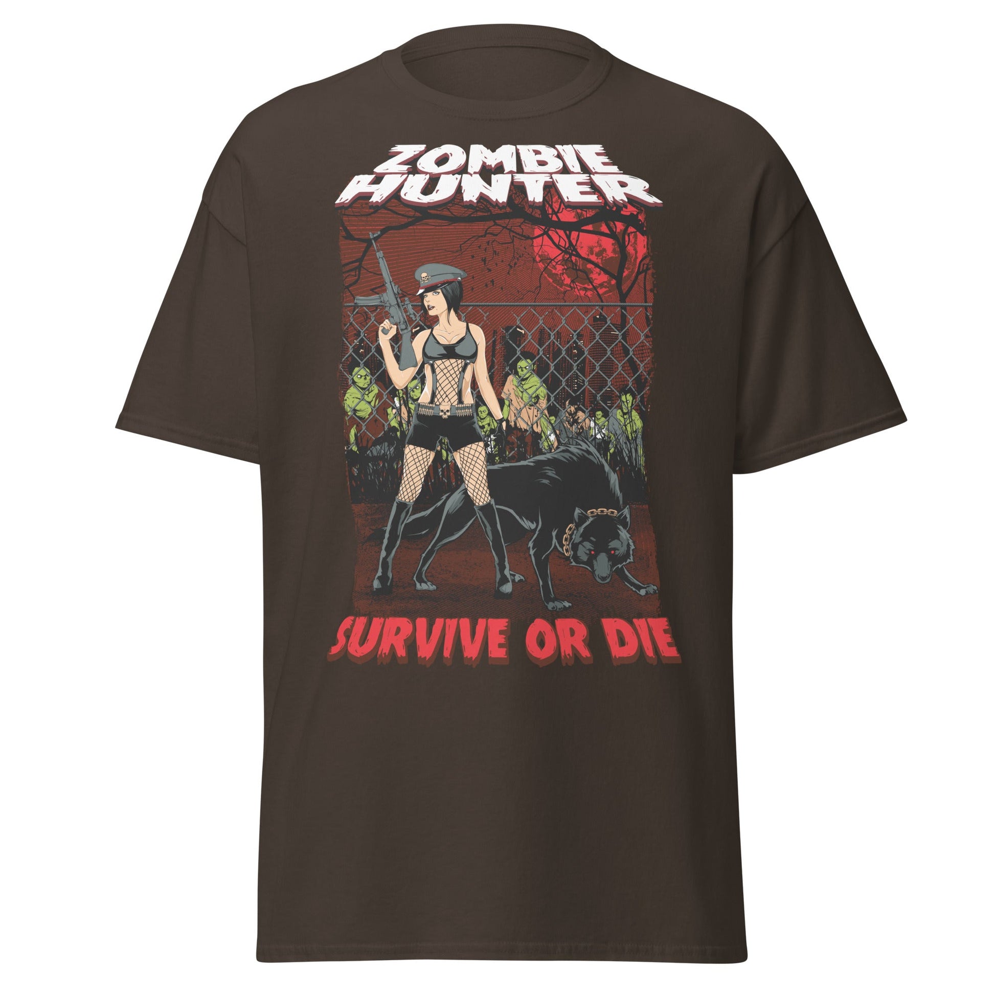 Zombie Hunter Pin - Up & Wolf T-Shirt: Survive or Die - Dark Chocolate - T-Shirts Online