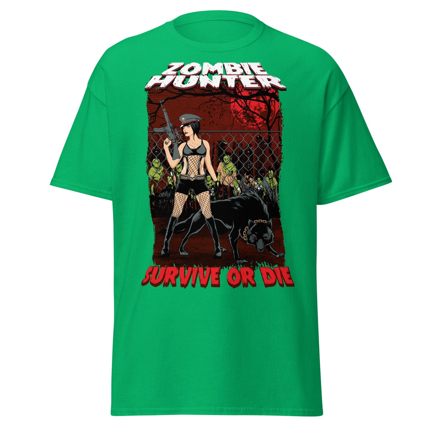 Zombie Hunter Pin - Up & Wolf T-Shirt: Survive or Die - Irish Green - T-Shirts Online