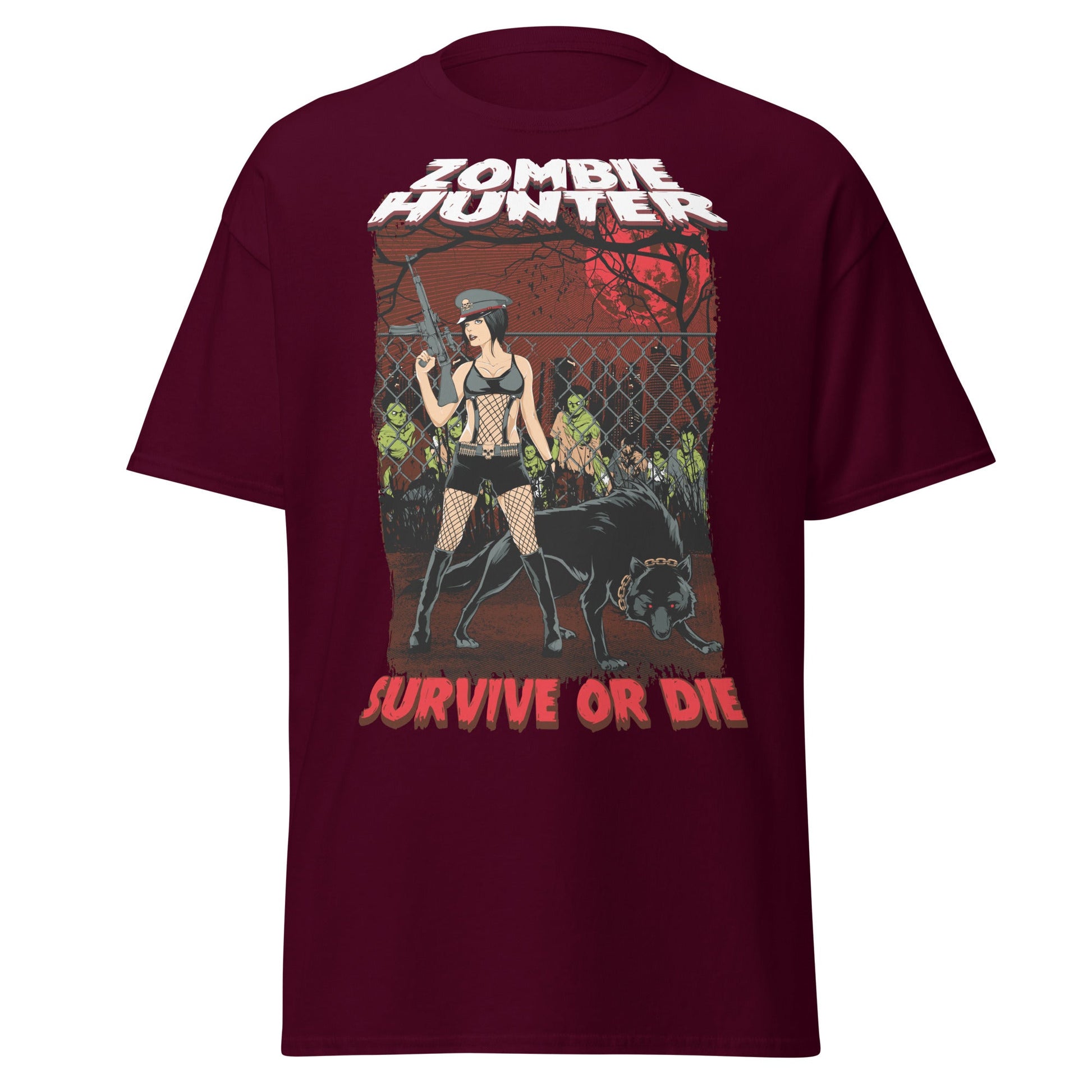 Zombie Hunter Pin - Up & Wolf T-Shirt: Survive or Die - Maroon - T-Shirts Online