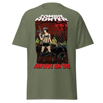 Zombie Hunter Pin - Up & Wolf T-Shirt: Survive or Die - Military Green - T-Shirts Online
