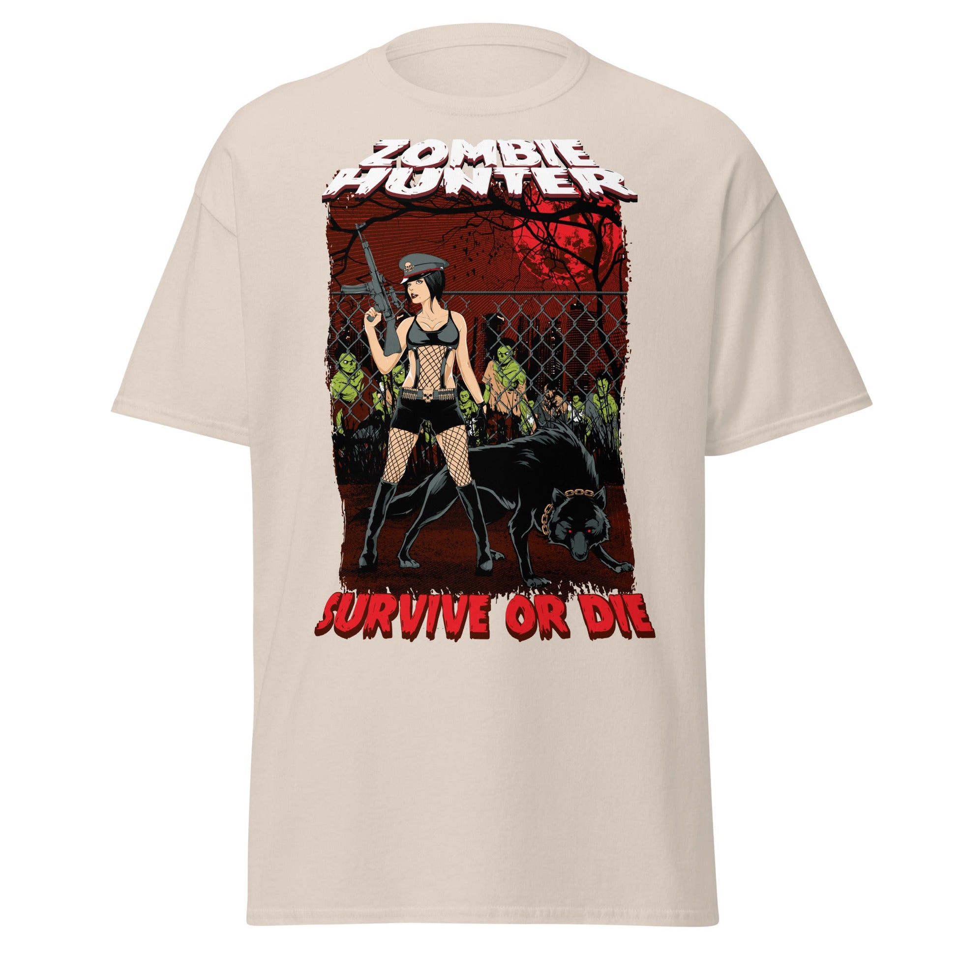 Zombie Hunter Pin - Up & Wolf T-Shirt: Survive or Die - Natural - T-Shirts Online