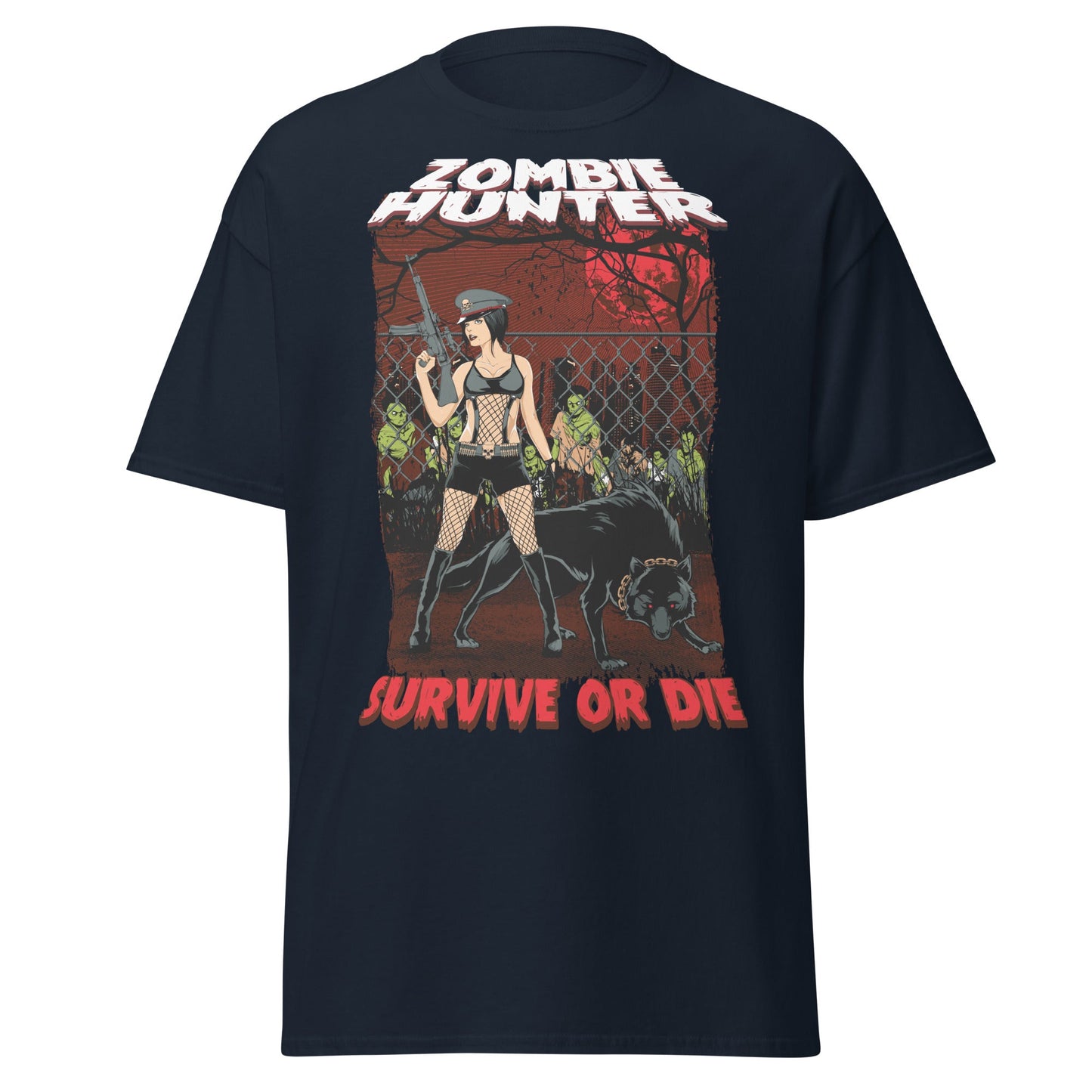 Zombie Hunter Pin - Up & Wolf T-Shirt: Survive or Die - Navy - T-Shirts Online
