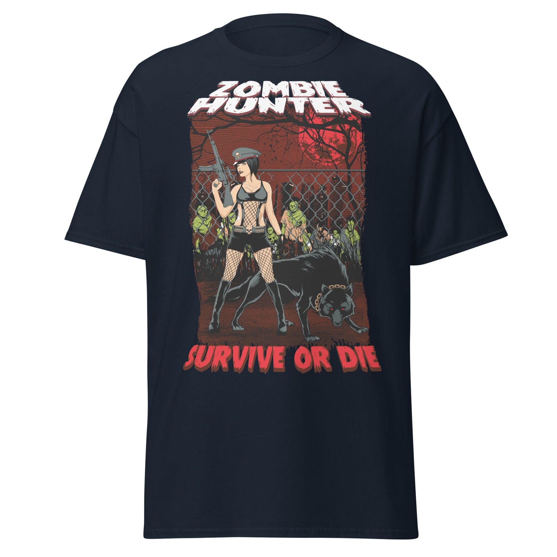 Zombie Hunter Pin - Up & Wolf T-Shirt: Survive or Die - Navy - T-Shirts Online