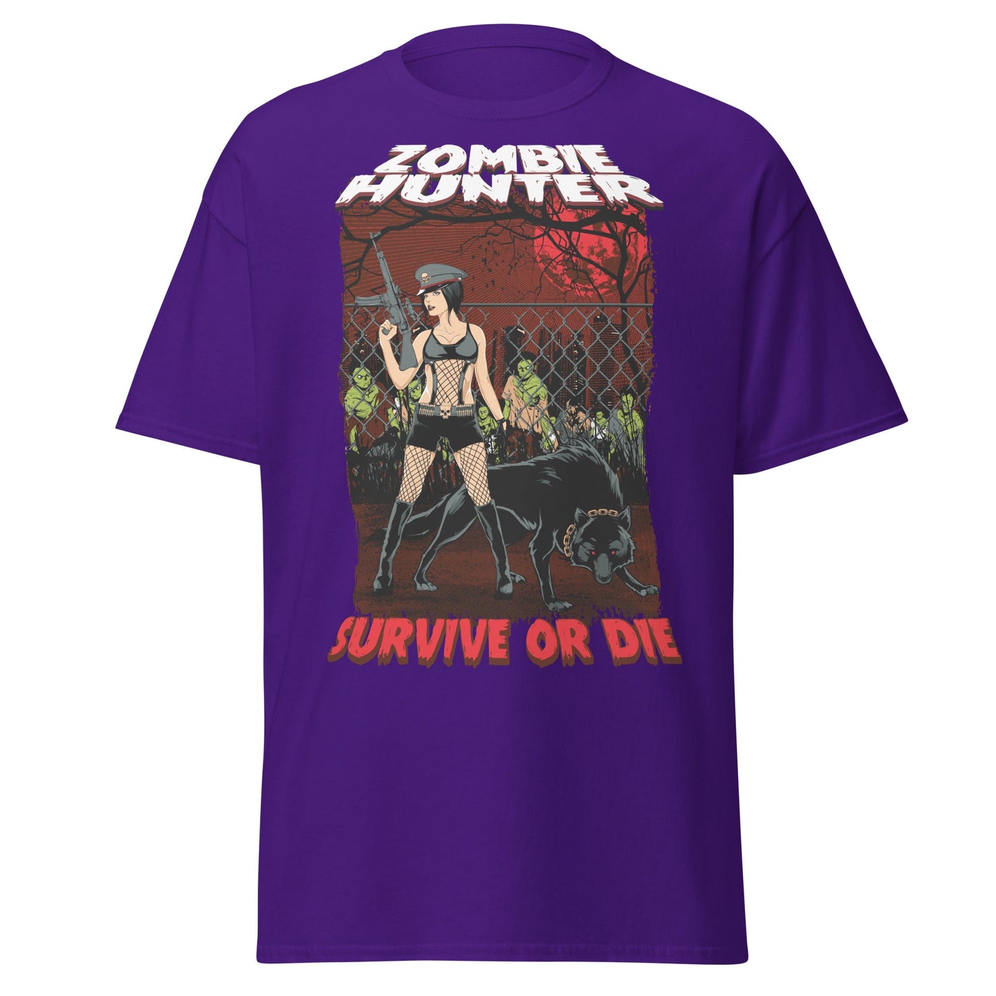 Zombie Hunter Pin - Up & Wolf T-Shirt: Survive or Die - Purple - T-Shirts Online