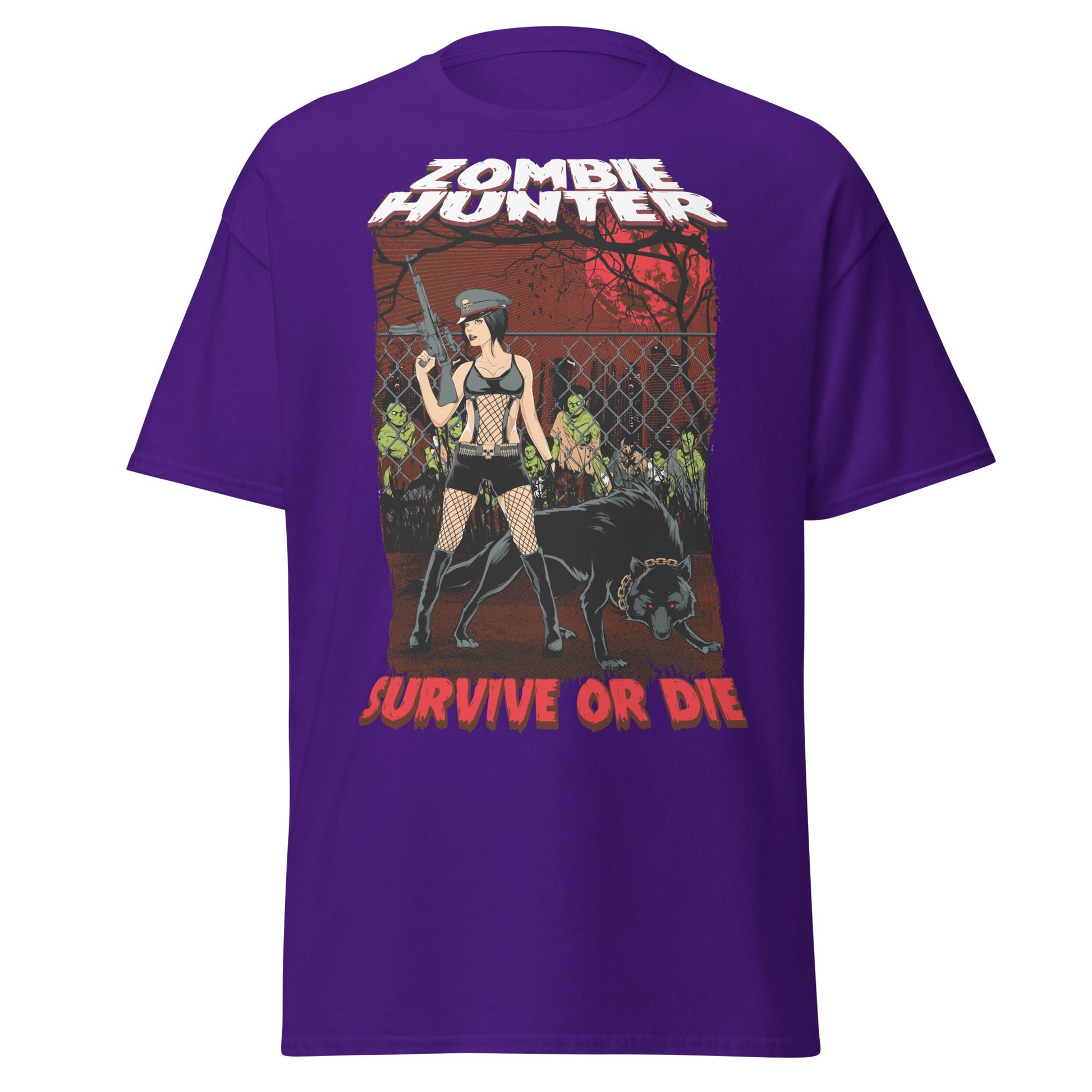 Zombie Hunter Pin - Up & Wolf T-Shirt: Survive or Die - Purple - T-Shirts Online