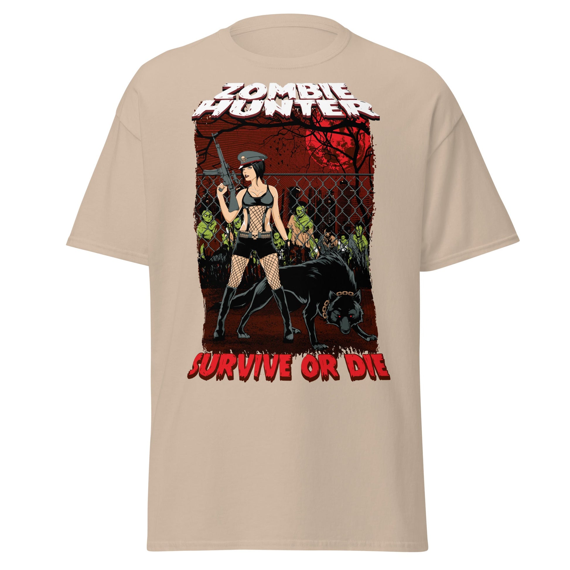 Zombie Hunter Pin - Up & Wolf T-Shirt: Survive or Die - Sand - T-Shirts Online