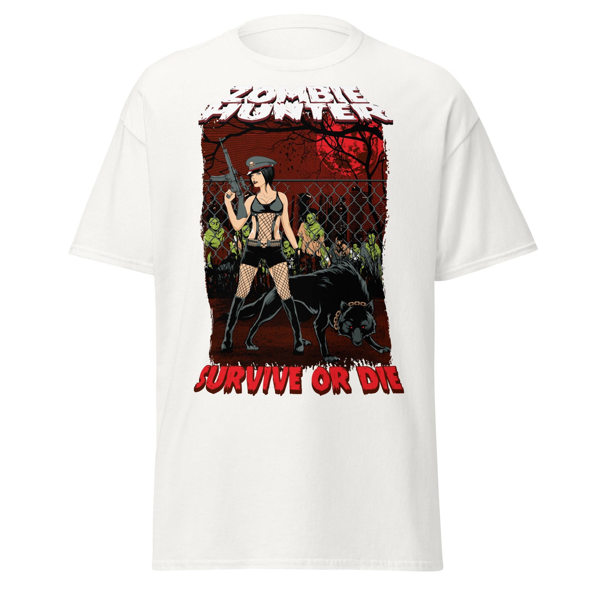 Zombie Hunter Pin - Up & Wolf T-Shirt: Survive or Die - White - T-Shirts Online