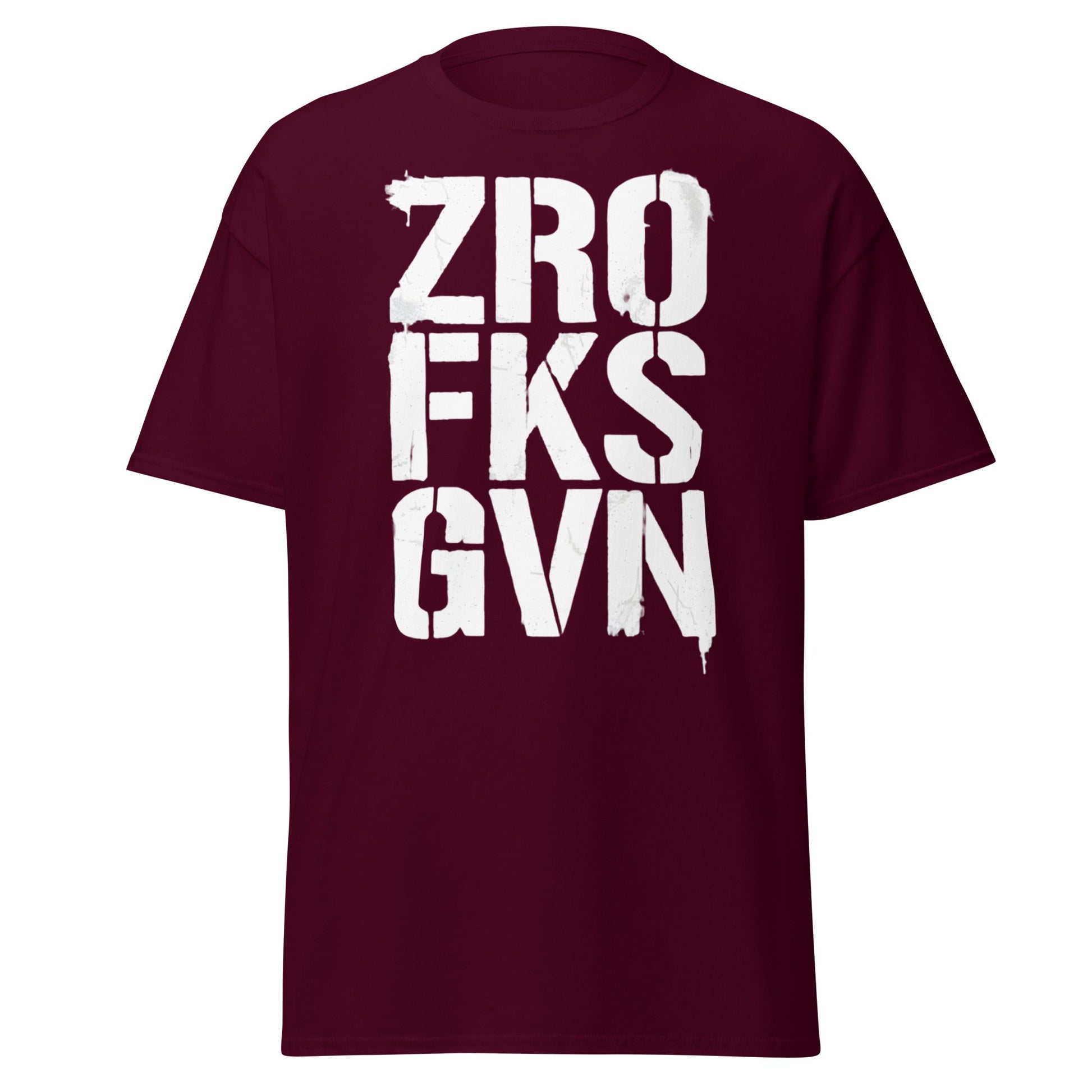 Zro Fks Gvn T-Shirt – Edgy Distressed Typographic Tee - Maroon - T-Shirts Online