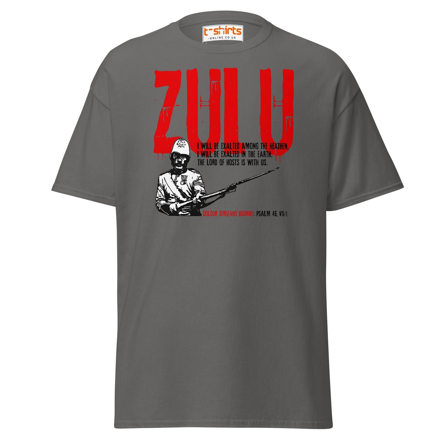Zulu T-Shirt | Bold Red Graphic Tee with Psalm 46 Quote - Charcoal - T-Shirts Online