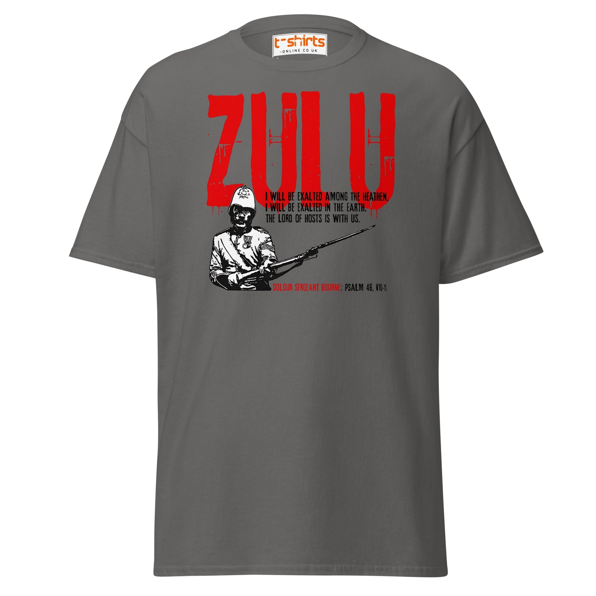 Zulu T-Shirt | Bold Red Graphic Tee with Psalm 46 Quote - Charcoal - T-Shirts Online