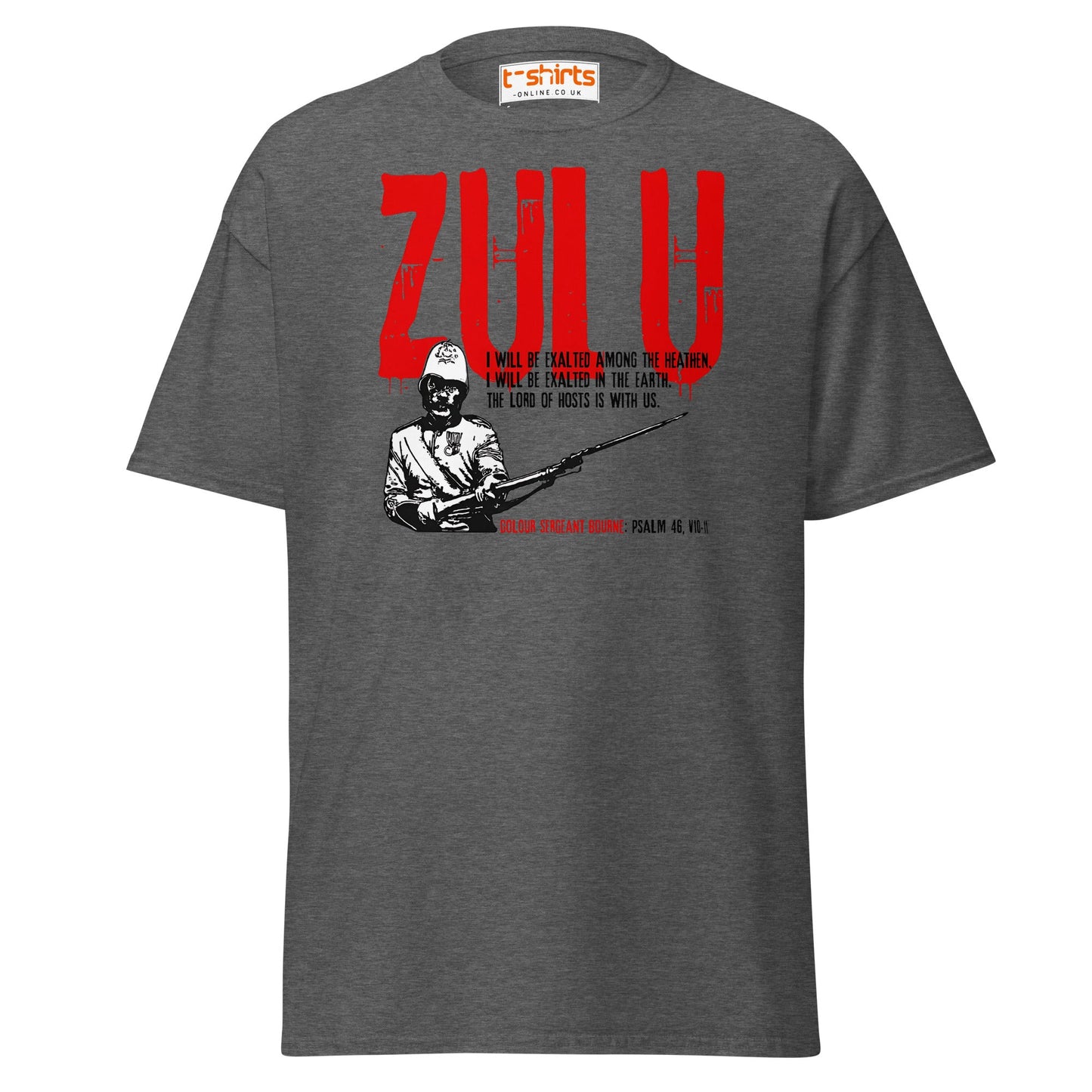 Zulu T-Shirt | Bold Red Graphic Tee with Psalm 46 Quote - Dark Heather - T-Shirts Online