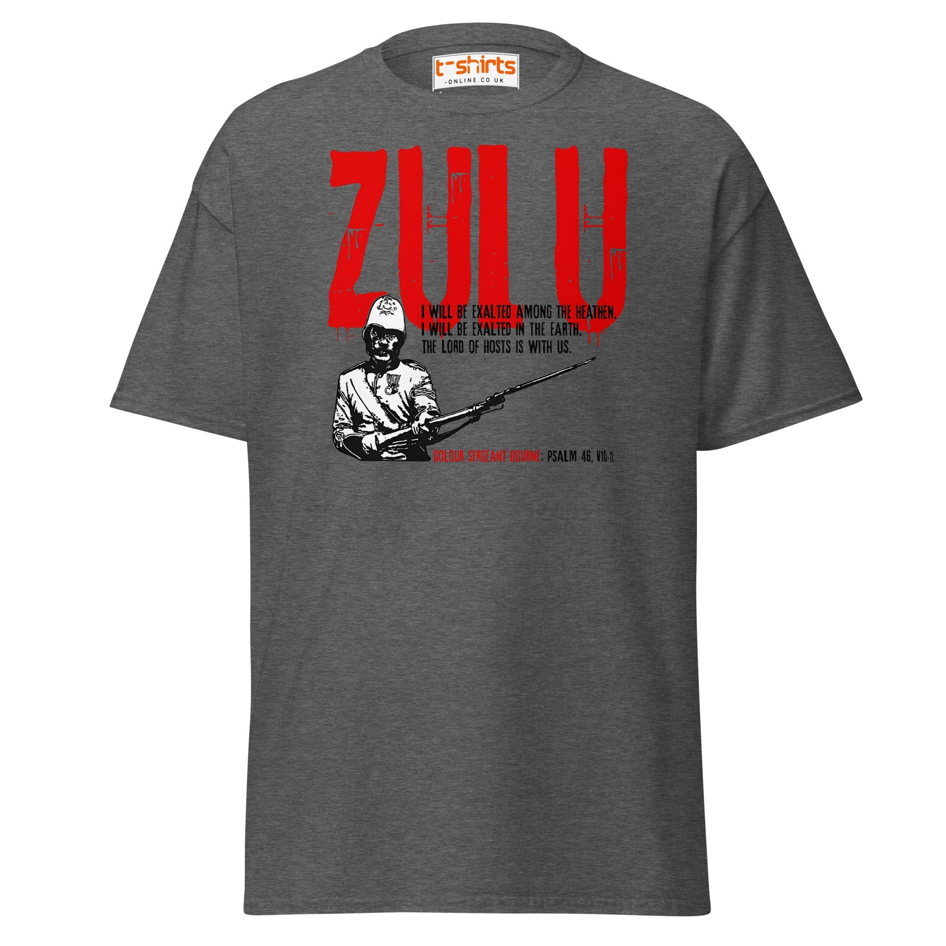 Zulu T-Shirt | Bold Red Graphic Tee with Psalm 46 Quote - Dark Heather - T-Shirts Online