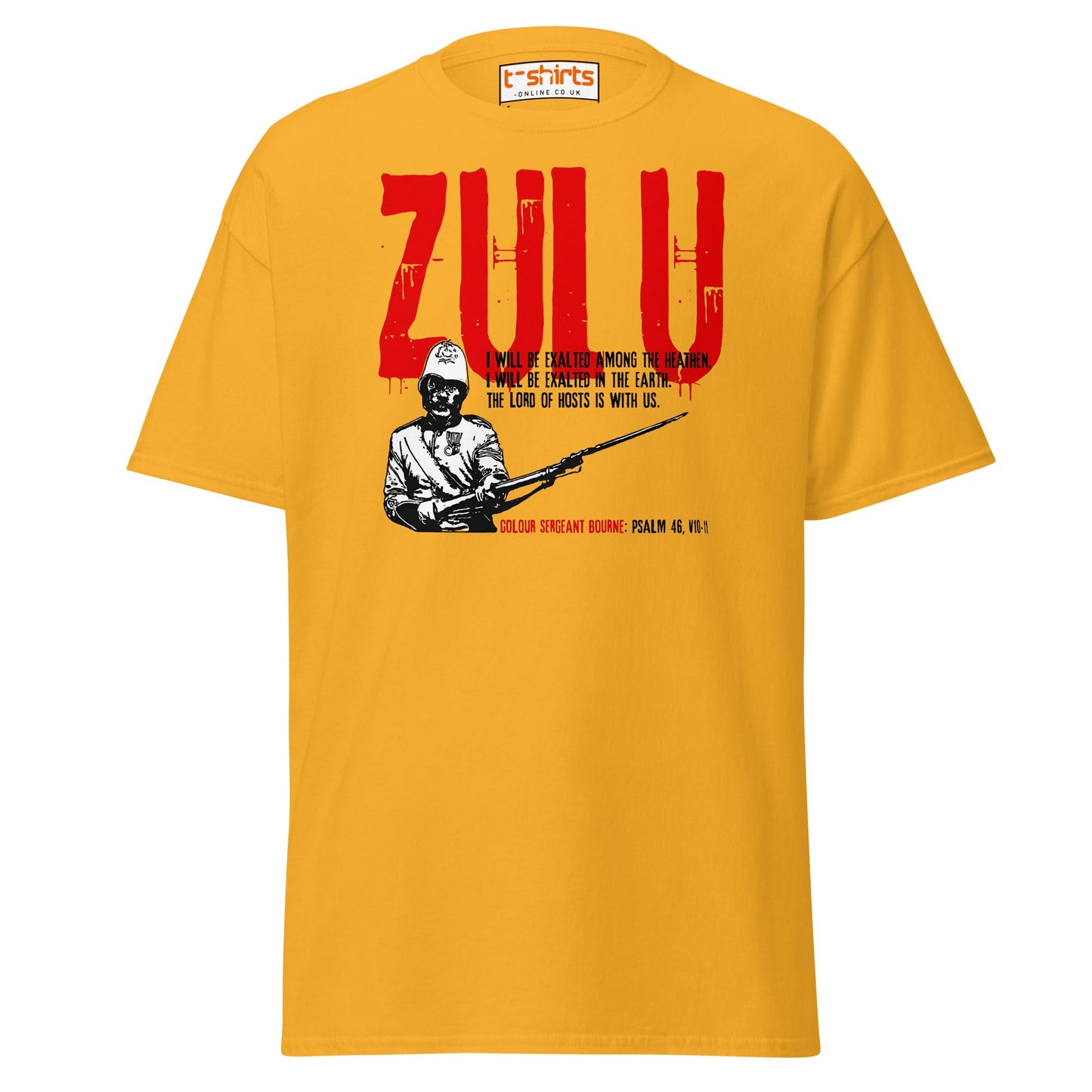 Zulu T-Shirt | Bold Red Graphic Tee with Psalm 46 Quote - Gold - T-Shirts Online
