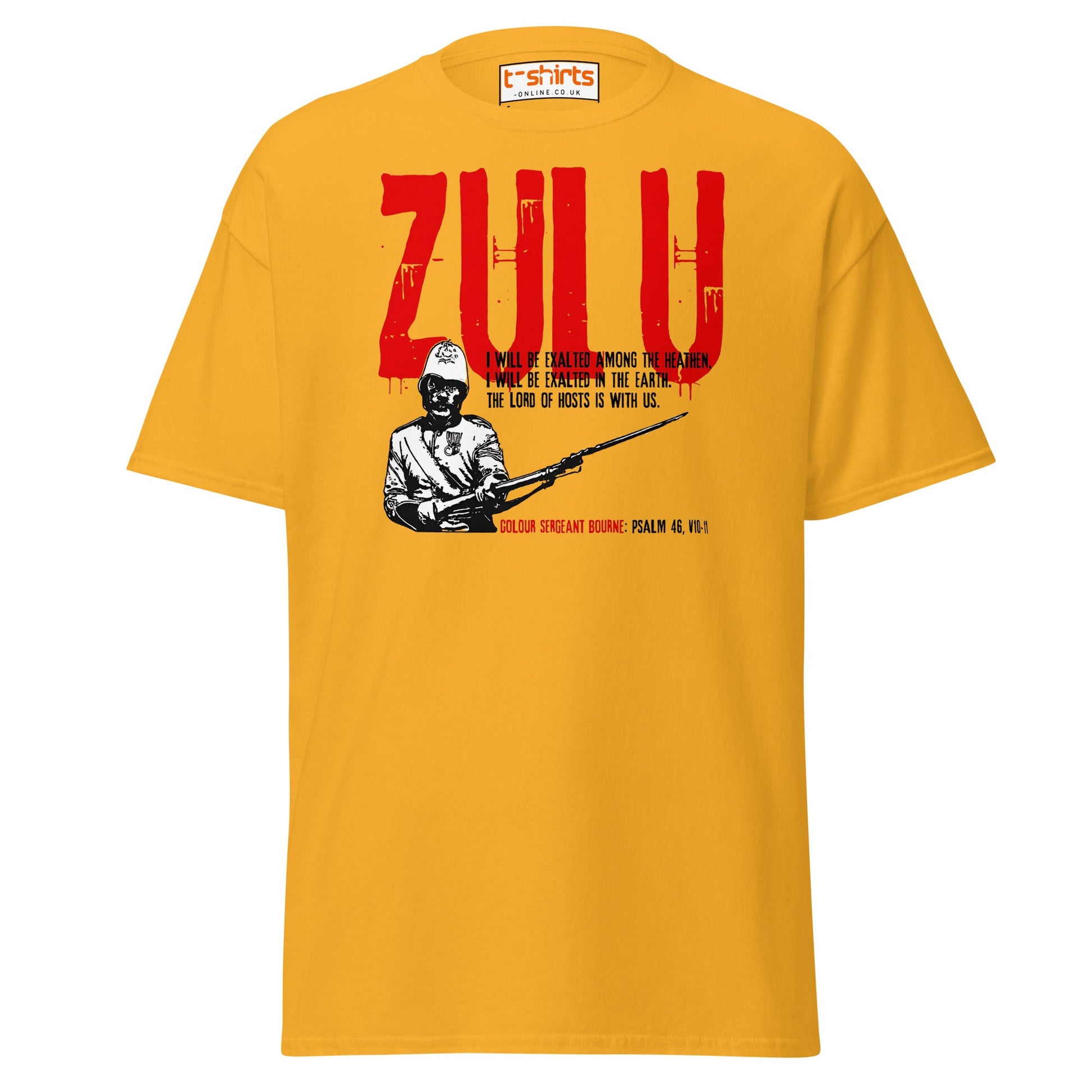 Zulu T-Shirt | Bold Red Graphic Tee with Psalm 46 Quote - Gold - T-Shirts Online