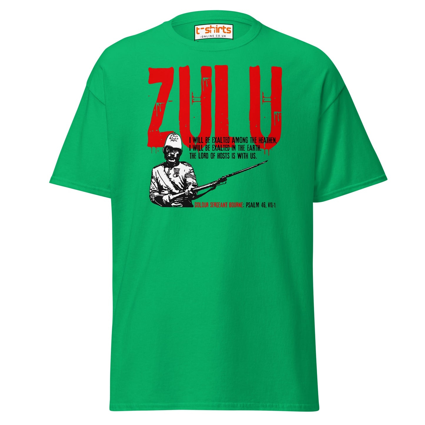Zulu T-Shirt | Bold Red Graphic Tee with Psalm 46 Quote - Irish Green - T-Shirts Online