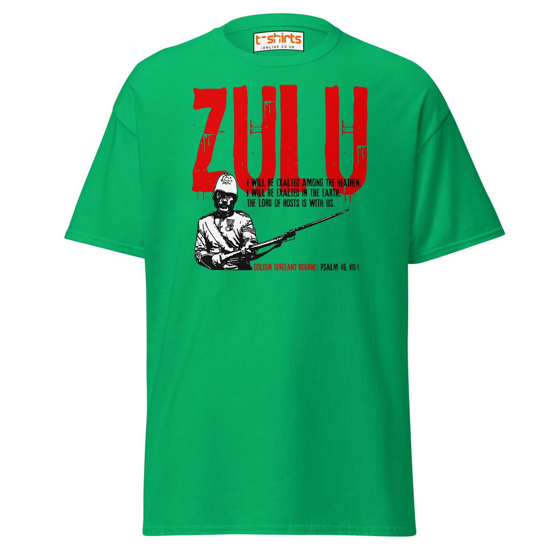Zulu T-Shirt | Bold Red Graphic Tee with Psalm 46 Quote - Irish Green - T-Shirts Online