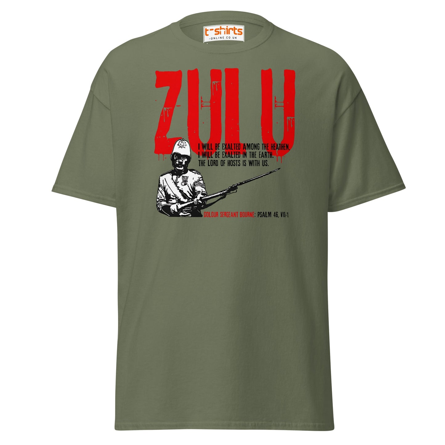 Zulu T-Shirt | Bold Red Graphic Tee with Psalm 46 Quote - Military Green - T-Shirts Online