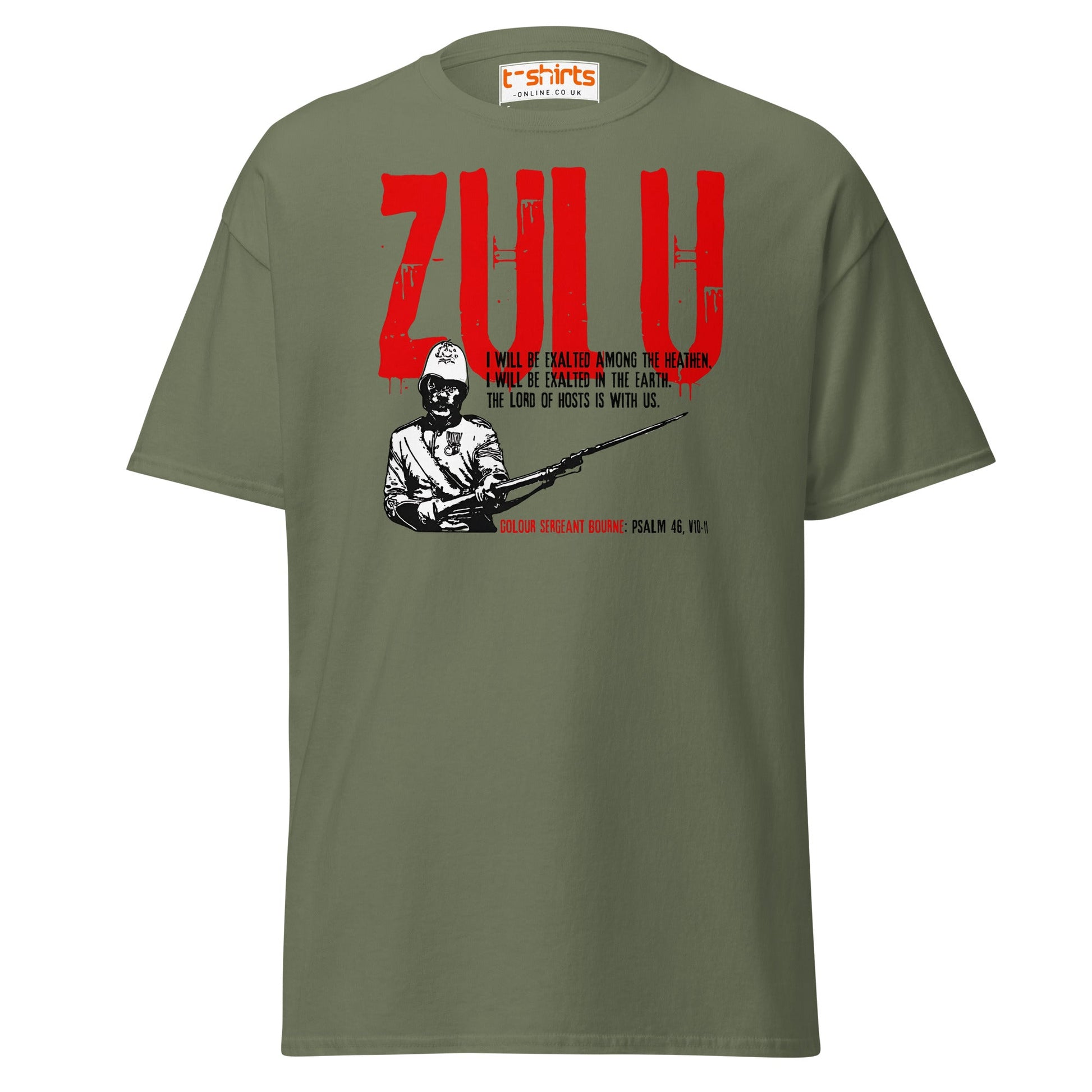 Zulu T-Shirt | Bold Red Graphic Tee with Psalm 46 Quote - Military Green - T-Shirts Online