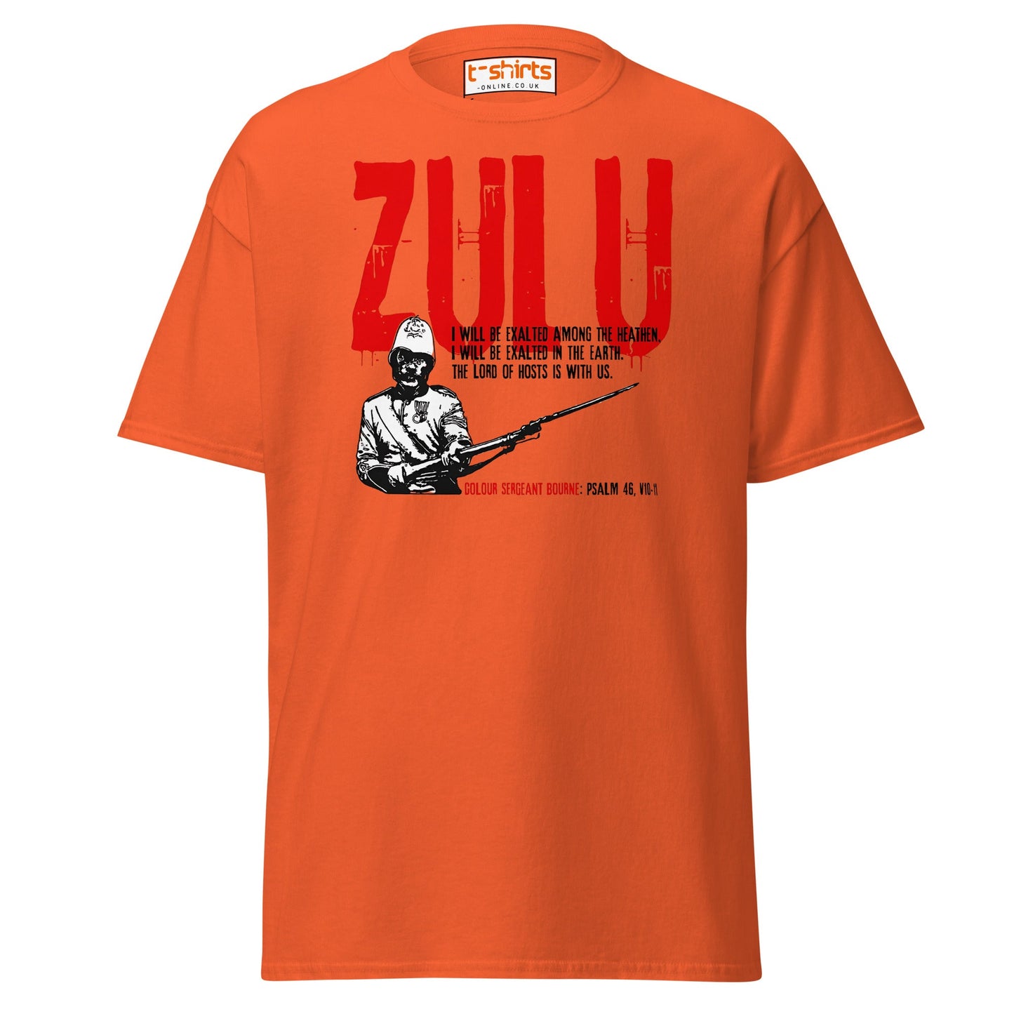 Zulu T-Shirt | Bold Red Graphic Tee with Psalm 46 Quote - Orange - T-Shirts Online